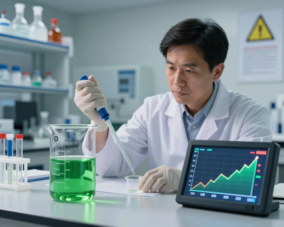 An informative and artistic visualization representing Roundup toxicity levels. In the foreground, display a transparent glass beaker filled with vibrant green liquid, symbolizing glyphosate, with measurement markings clearly visible. Beside it, a digital display shows rising toxicity levels in a dynamic graph format. In the middle ground, portray a researcher wearing professional attire, intently examining the beaker with a pipette, deep in thought, under soft, focused lighting to emphasize their concentration. The background fades into a laboratory setting with shelves lined with scientific equipment, test tubes, and safety posters about chemical handling. The overall mood is serious and analytical, accentuating the importance of understanding glyphosate's safety and regulatory perspectives. The lighting should be bright but slightly muted, creating a thoughtful atmosphere.