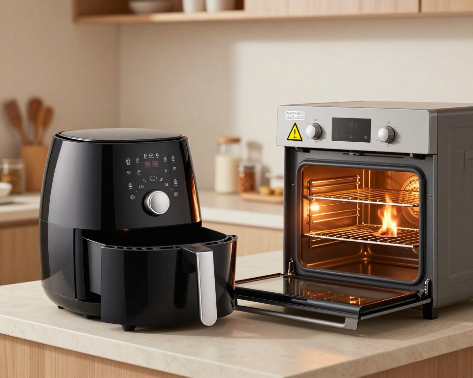 An informative illustration contrasting the safety of an air fryer and a traditional oven. In the foreground, a sleek, modern air fryer sits on a kitchen countertop, its design showcasing safety features like cool-touch handles and non-slip feet. Next to it, a classic oven with an open door reveals glowing oven racks and a small flame for comparison. In the middle ground, a subtle haze of warm lighting illuminates the kitchen, highlighting safety warning signs and icons related to both appliances. The background features softly blurred kitchen elements, such as utensils and spices, creating a cozy cooking atmosphere. The composition conveys a sense of safety and reliability, suitable for comparing these two cooking methods in a professional setting.