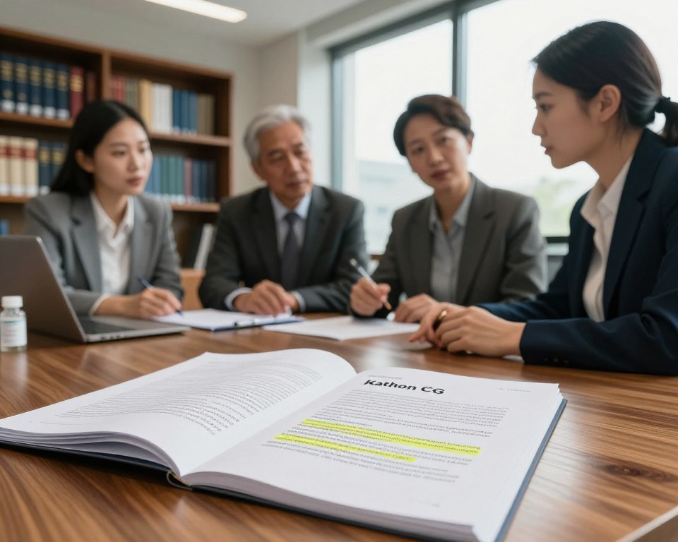 An informative image depicting the regulatory landscape for isothiazolinone preservatives in the United States, focused on Kathon CG. In the foreground, an open government regulatory document with highlighted text regarding chemical safety, positioned on a polished wooden desk. In the middle ground, a diverse group of professionals—two women and one man—dressed in professional business attire, engaged in a discussion about safety regulations, pointing at the document. The background showcases a modern office space with bookshelves filled with regulatory law books and a large window letting in natural daylight, creating a warm yet serious atmosphere. The mood reflects a sense of urgency and importance, emphasizing the need for compliance in consumer safety. The image is shot from a slight angle, providing depth and directing focus to the professionals and the document.
