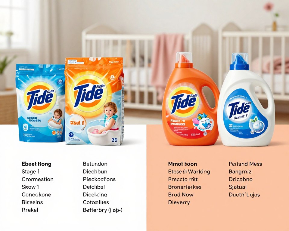 An informative side-by-side comparison image showcasing the ingredients of Dreft Stage 1 Newborn and Tide Free & Gentle laundry detergents. In the foreground, neatly arranged ingredient lists for both products are presented on elegant, colorful backgrounds that reflect their branding. The middle section features each product’s packaging, prominently displayed to highlight their unique designs. The background includes soft, blurred nursery elements such as a crib and cozy fabric, creating a warm and inviting atmosphere. The lighting is bright and natural, enhancing the colors of the detergent packages. The angle should be slightly elevated, providing a clear view of the comparisons while maintaining a clean and professional presentation. An informative side-by-side comparison image showcasing the ingredients of Dreft Stage 1 Newborn and Tide Free & Gentle laundry detergents. In the foreground, neatly arranged ingredient lists for both products are presented on elegant, colorful backgrounds that reflect their branding. The middle section features each product’s packaging, prominently displayed to highlight their unique designs. The background includes soft, blurred nursery elements such as a crib and cozy fabric, creating a warm and inviting atmosphere. The lighting is bright and natural, enhancing the colors of the detergent packages. The angle should be slightly elevated, providing a clear view of the comparisons while maintaining a clean and professional presentation.