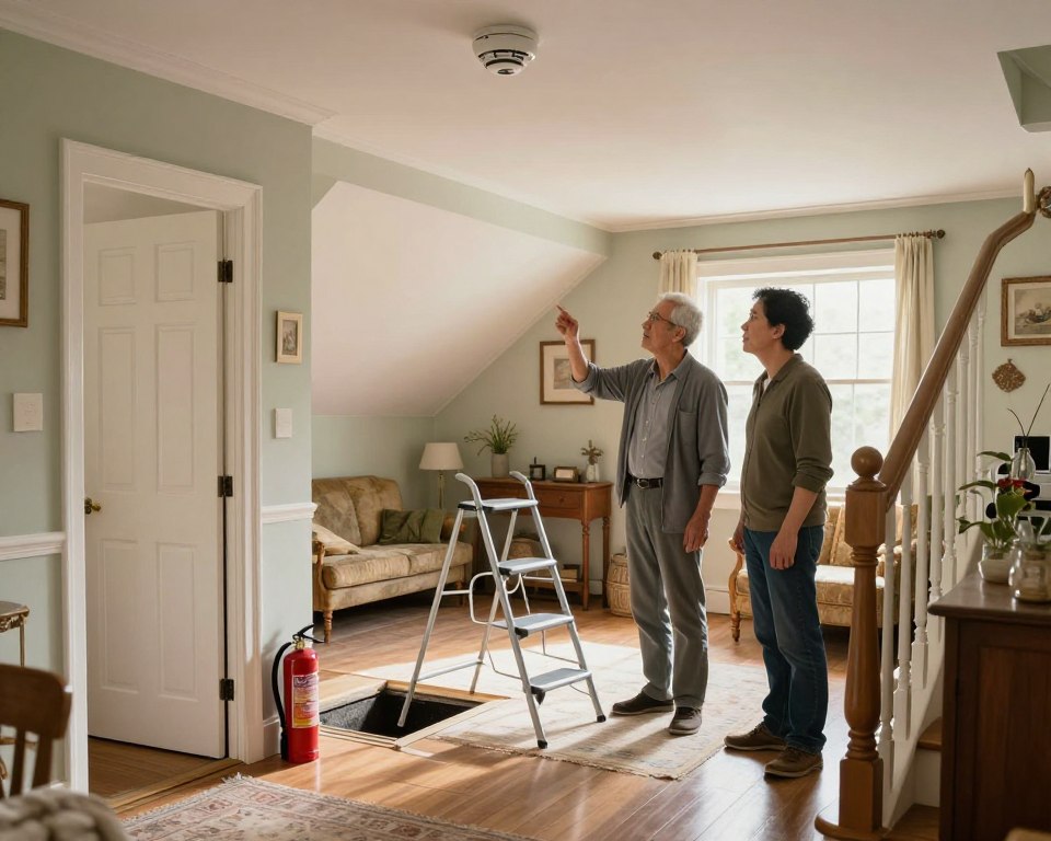 An interior scene of an older home showcasing essential safety precautions for residents. In the foreground, a well-maintained living room with visible safety features: smoke detectors on the ceiling, a fire extinguisher near the entryway, and a handrail along the staircase. In the middle ground, a sturdy step stool is placed beside a dusty attic access, highlighting the importance of safe access to maintenance areas. The background reveals vintage decor with bright, natural light streaming through a window, emphasizing a warm, homey atmosphere. A couple of adult professionals in modest casual attire, inspecting safety measures with serious expressions. Use soft lighting to create a welcoming yet cautionary mood, and a realistic perspective angle to immerse viewers in the space. An interior scene of an older home showcasing essential safety precautions for residents. In the foreground, a well-maintained living room with visible safety features: smoke detectors on the ceiling, a fire extinguisher near the entryway, and a handrail along the staircase. In the middle ground, a sturdy step stool is placed beside a dusty attic access, highlighting the importance of safe access to maintenance areas. The background reveals vintage decor with bright, natural light streaming through a window, emphasizing a warm, homey atmosphere. A couple of adult professionals in modest casual attire, inspecting safety measures with serious expressions. Use soft lighting to create a welcoming yet cautionary mood, and a realistic perspective angle to immerse viewers in the space.