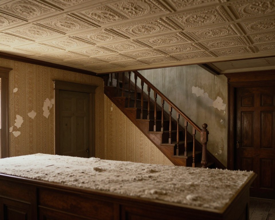 An interior view of a historical American home from the mid-20th century showcasing the use of asbestos materials in its architecture. In the foreground, there are vintage ceiling tiles with a textured pattern that contain asbestos, illuminated by soft, warm ambient light. The middle ground features walls with flaking paint and old, patterned wallpaper, highlighting the era’s design trends. In the background, there’s an original wooden staircase with decorative balusters and a glimpse of a closed door leading to a possibly hazardous attic, evoking a sense of nostalgia and caution. The mood is both melancholic and reflective, emphasizing the historical significance of asbestos in residential architecture. The scene is captured at eye level with a slight depth of field to focus on the details of the building materials. An interior view of a historical American home from the mid-20th century showcasing the use of asbestos materials in its architecture. In the foreground, there are vintage ceiling tiles with a textured pattern that contain asbestos, illuminated by soft, warm ambient light. The middle ground features walls with flaking paint and old, patterned wallpaper, highlighting the era’s design trends. In the background, there’s an original wooden staircase with decorative balusters and a glimpse of a closed door leading to a possibly hazardous attic, evoking a sense of nostalgia and caution. The mood is both melancholic and reflective, emphasizing the historical significance of asbestos in residential architecture. The scene is captured at eye level with a slight depth of field to focus on the details of the building materials.