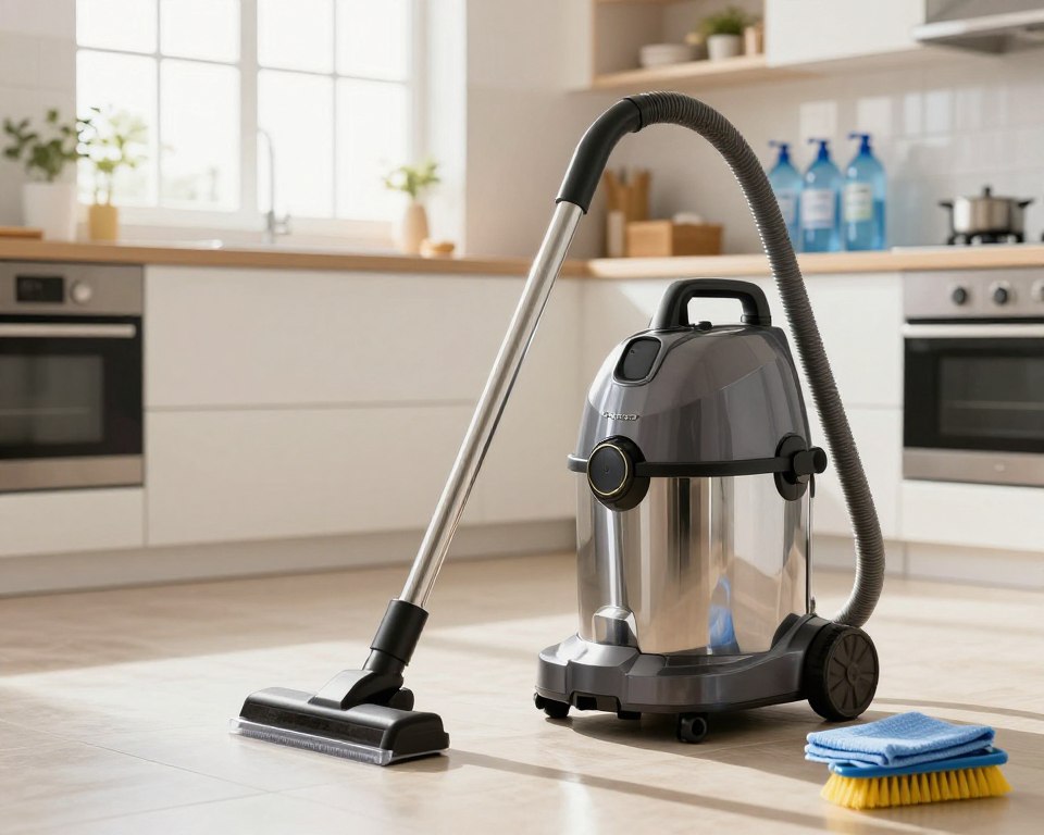 An organized workspace featuring a sleek steam cleaner, positioned in the foreground with polished surfaces highlighting its design. Nearby, maintenance tools—like a microfiber cloth and small brushes—are neatly arranged, emphasizing care and upkeep. In the middle ground, a well-maintained, bright kitchen with sunlight streaming through window panes enhances the atmosphere, casting soft shadows that add depth. The background showcases a utility shelf stocked with water and accessories for the steam cleaner, illustrating the importance of preparedness. The overall mood is clean, efficient, and professional. Use soft, warm lighting to convey a sense of cleanliness and reliability. The angle should capture a balanced view, allowing the viewer to appreciate both the steam cleaner and the organized maintenance tools, focusing on the commitment to maintenance and longevity. An organized workspace featuring a sleek steam cleaner, positioned in the foreground with polished surfaces highlighting its design. Nearby, maintenance tools—like a microfiber cloth and small brushes—are neatly arranged, emphasizing care and upkeep. In the middle ground, a well-maintained, bright kitchen with sunlight streaming through window panes enhances the atmosphere, casting soft shadows that add depth. The background showcases a utility shelf stocked with water and accessories for the steam cleaner, illustrating the importance of preparedness. The overall mood is clean, efficient, and professional. Use soft, warm lighting to convey a sense of cleanliness and reliability. The angle should capture a balanced view, allowing the viewer to appreciate both the steam cleaner and the organized maintenance tools, focusing on the commitment to maintenance and longevity.