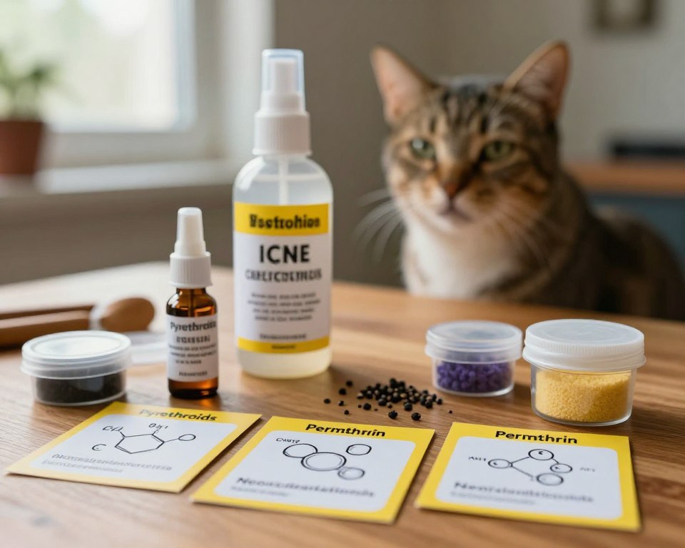 Close-up of a wooden table displaying various harmful ingredients commonly found in flea spray. In the foreground, vividly illustrated chemical labels reading "Pyrethroids," "Neonicotinoids," and "Permethrin," positioned alongside small containers and vials showcasing the substances' textures and colors. The middle section features an open flea spray bottle with a bright warning label, partially obscured, emphasizing the hazardous nature of the contents. In the background, a soft-focus image of a pet, such as a cat or dog, looking curious yet apprehensive, adding emotional depth to the scene. The lighting is warm and natural, filtered through a window, creating a cozy but cautionary atmosphere. The camera angle is slightly above the table, capturing the details from an inviting perspective, making the viewer feel as if they are observing a critical moment in pet care safety.