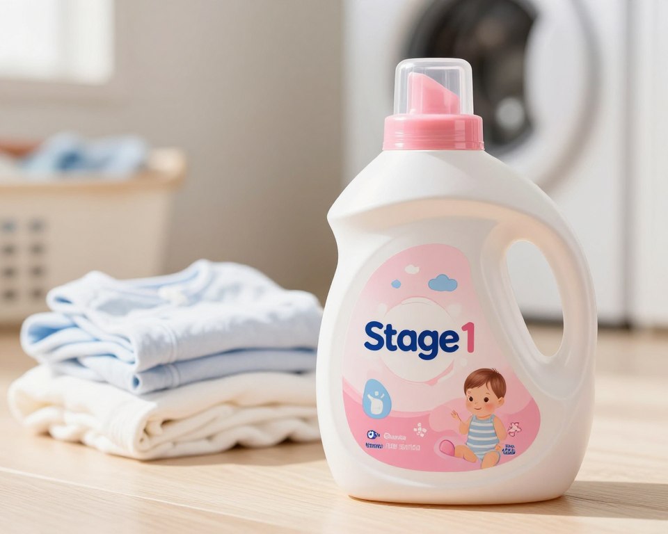 Dreft Stage 1 laundry detergent bottle prominently displayed in the foreground, the bottle showcasing its signature soft pink and white color scheme with a smooth finish. The label features child-friendly graphics and the phrase "Stage 1" clearly visible. In the middle, a gentle, textured backdrop of freshly laundered baby clothes, hinting at softness and care. The background is softly blurred, evoking a cozy home atmosphere, with warm, natural lighting illuminating the scene, simulating a sunlit laundry room. A shallow depth of field focuses attention on the bottle while creating an inviting ambiance. The overall mood is bright and nurturing, suitable for discussing baby care products. No text, watermarks, or other distractions.