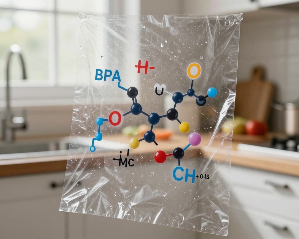 Foreground: A close-up view of transparent plastic wrap, slightly crinkled and illuminated, revealing small droplets of condensation to emphasize temperature changes. Middle: Scattered, colorful chemical symbols and molecular structures floating around the plastic, representing harmful chemicals, like BPA and phthalates, subtly merging with the wrap. Background: A blurred kitchen environment, showcasing a counter with a thermometer and food items that indicate heat exposure, hinting at the topic of temperature sensitivity. Lighting: Soft, natural daylight coming from a nearby window, creating a warm but clear contrast to the cool colors of the chemicals. Atmosphere: A sense of caution and curiosity, inviting viewers to explore the implications of chemical release in everyday products. Foreground: A close-up view of transparent plastic wrap, slightly crinkled and illuminated, revealing small droplets of condensation to emphasize temperature changes. Middle: Scattered, colorful chemical symbols and molecular structures floating around the plastic, representing harmful chemicals, like BPA and phthalates, subtly merging with the wrap. Background: A blurred kitchen environment, showcasing a counter with a thermometer and food items that indicate heat exposure, hinting at the topic of temperature sensitivity. Lighting: Soft, natural daylight coming from a nearby window, creating a warm but clear contrast to the cool colors of the chemicals. Atmosphere: A sense of caution and curiosity, inviting viewers to explore the implications of chemical release in everyday products.