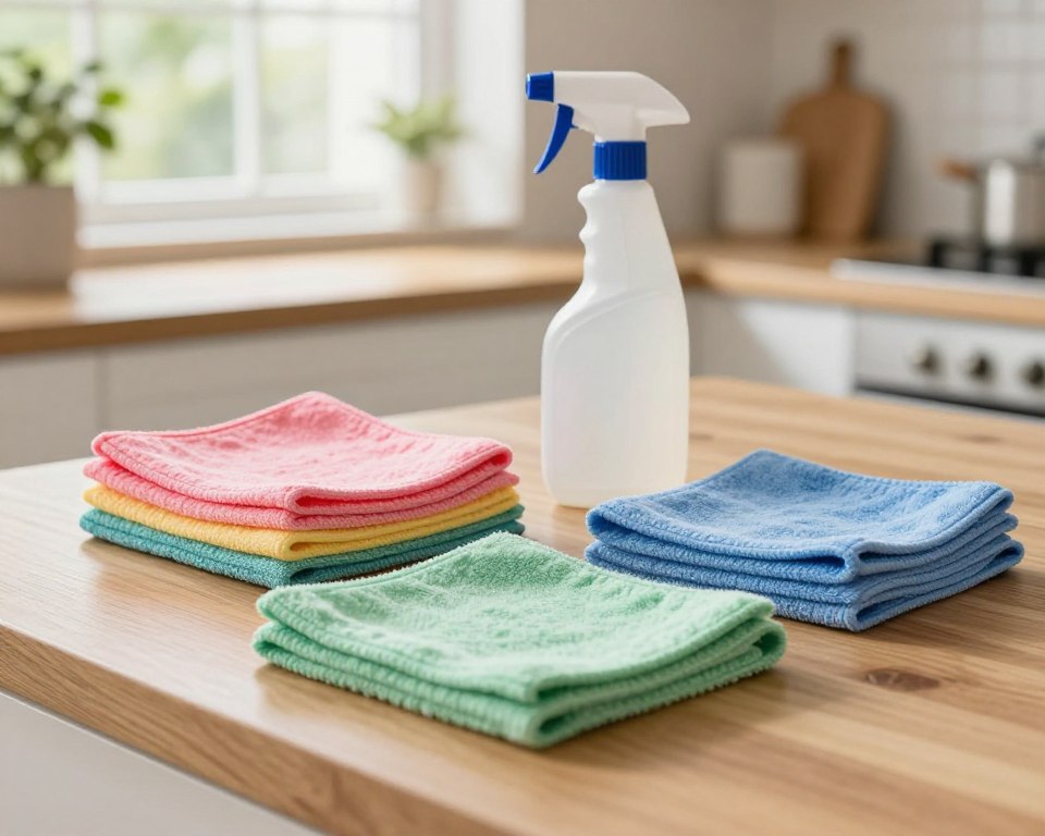In a bright, modern kitchen, showcase a collection of reusable cleaning products, such as colorful microfiber cloths and a stylish spray bottle, arranged neatly on a wooden countertop. In the foreground, a close-up of the soft textures of the cloths highlights their durability and eco-friendliness. In the middle ground, the spray bottle stands prominently, featuring a sleek design and an easy-to-use trigger. The background reveals a sunlit window with fresh greenery, enhancing the clean and inviting atmosphere. Soft, natural lighting illuminates the scene, creating a warm and eco-conscious mood. Capture this from a slightly elevated angle, emphasizing the practical and sustainable aspects of these cleaning tools. In a bright, modern kitchen, showcase a collection of reusable cleaning products, such as colorful microfiber cloths and a stylish spray bottle, arranged neatly on a wooden countertop. In the foreground, a close-up of the soft textures of the cloths highlights their durability and eco-friendliness. In the middle ground, the spray bottle stands prominently, featuring a sleek design and an easy-to-use trigger. The background reveals a sunlit window with fresh greenery, enhancing the clean and inviting atmosphere. Soft, natural lighting illuminates the scene, creating a warm and eco-conscious mood. Capture this from a slightly elevated angle, emphasizing the practical and sustainable aspects of these cleaning tools.