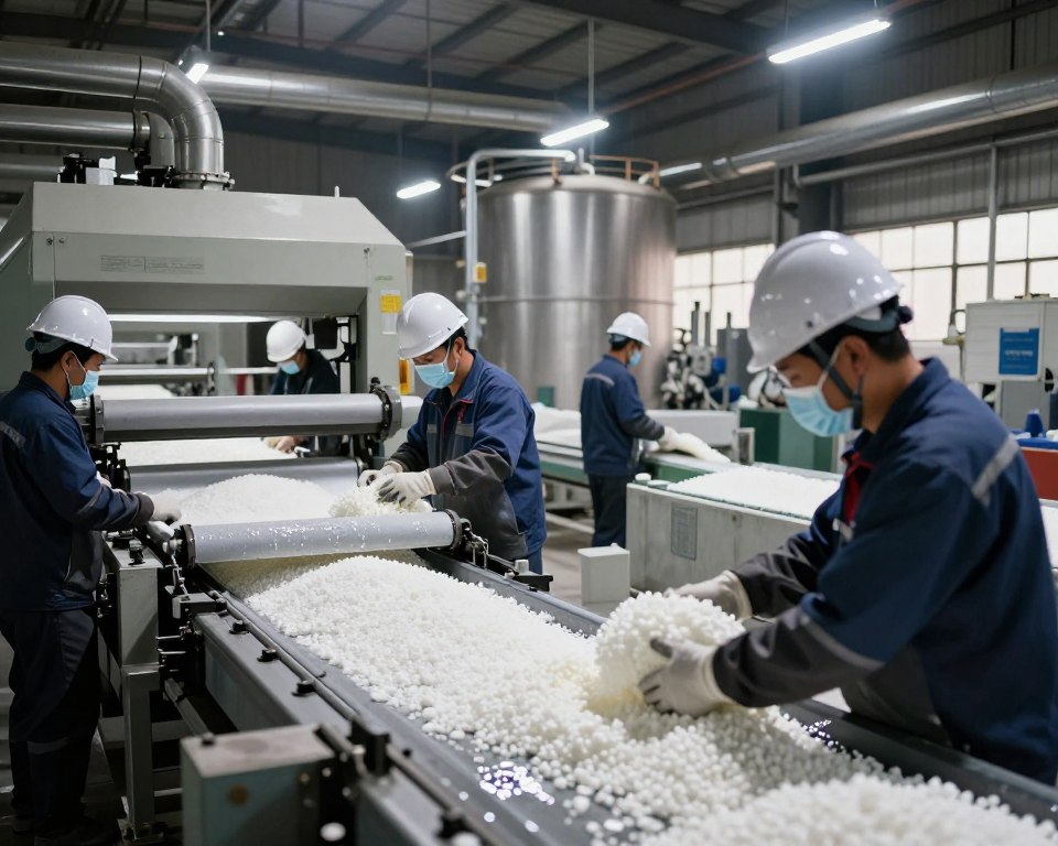In a bustling PVC manufacturing plant, focus on the foreground where workers in professional safety gear, including helmets and masks, carefully handle raw PVC materials on a conveyor belt. The middle ground depicts machinery producing PVC granules, with a slight sheen of industrial lubricant on the surfaces, emphasizing the factory's complex operations. In the background, large storage tanks and pipes convey the scale of the facility, under harsh fluorescent lighting that illuminates the environment, casting stark shadows and highlights. The atmosphere is tense yet focused, reflecting both the potential hazards and the skilled labor present. Capture the scene from a slightly low angle to emphasize the enormity of the equipment and the concentration of the workers, ensuring it remains a safe and professional depiction of occupational hazards in the PVC industry.
