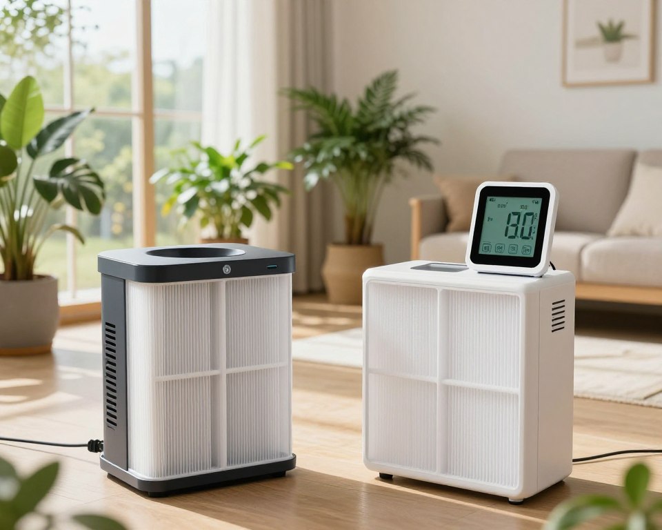 In a modern indoor environment, showcase a high-efficiency air filtration system prominently in the foreground, featuring sleek design elements and visible HEPA filters. In the middle ground, depict an ambient room filled with houseplants, which symbolize improved air quality, along with a digital air quality monitor displaying favorable metrics. The background should illustrate a sunny living space with large windows, allowing natural light to pour in, enhancing the fresh and clean atmosphere. Use soft, warm lighting to create a welcoming and healthy ambiance. Capture the scene from a slightly elevated angle to provide a comprehensive view, ensuring all elements emphasize the importance of air quality mitigation strategies.