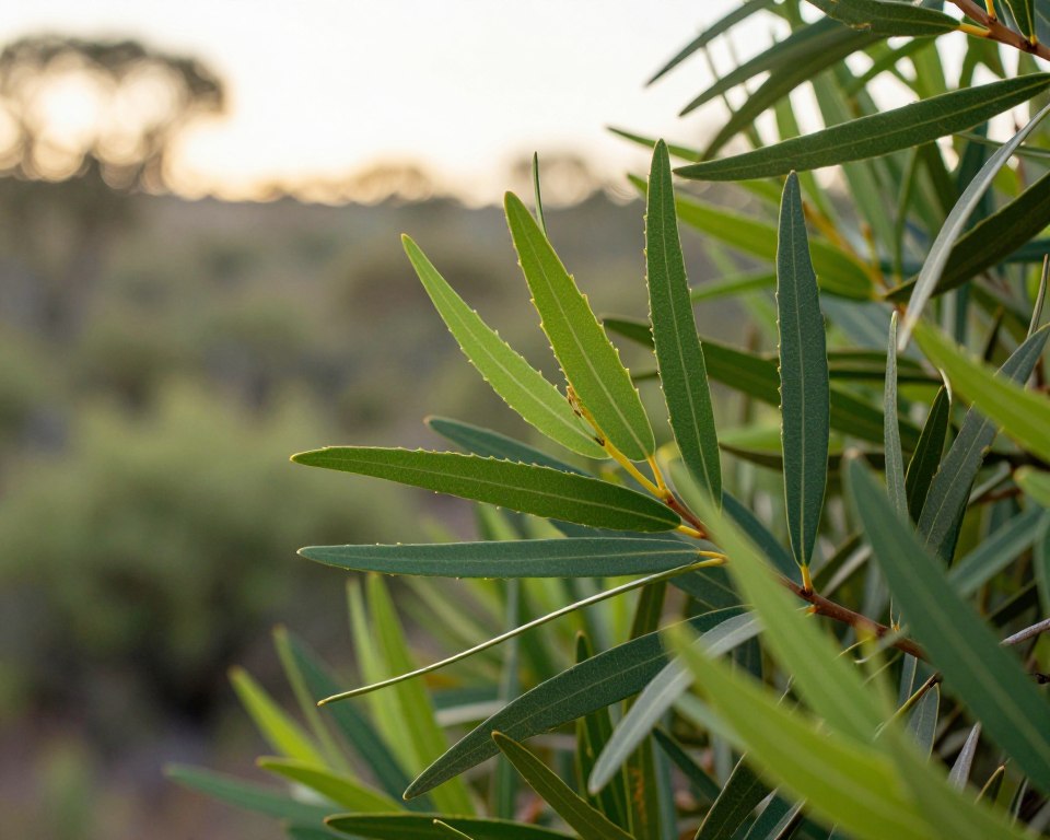 Lush green leaves of Melaleuca alternifolia, also known as the tea tree, in a natural setting. The foreground features detailed close-ups of fresh, elongated leaves with their distinctive serrated edges and rich, vibrant color, showcasing their texture and resilience. In the middle ground, a softly diffused background reveals a serene Australian bush landscape, bathed in soft sunlight, with subtle bokeh effects to emphasize the leaves in focus. The lighting is warm and inviting, creating a tranquil and natural mood. The angle captures the leaves from a slightly elevated perspective, emphasizing their unique shape and arrangement. The overall atmosphere is one of peace and natural beauty, reflecting the origins of tea tree oil.