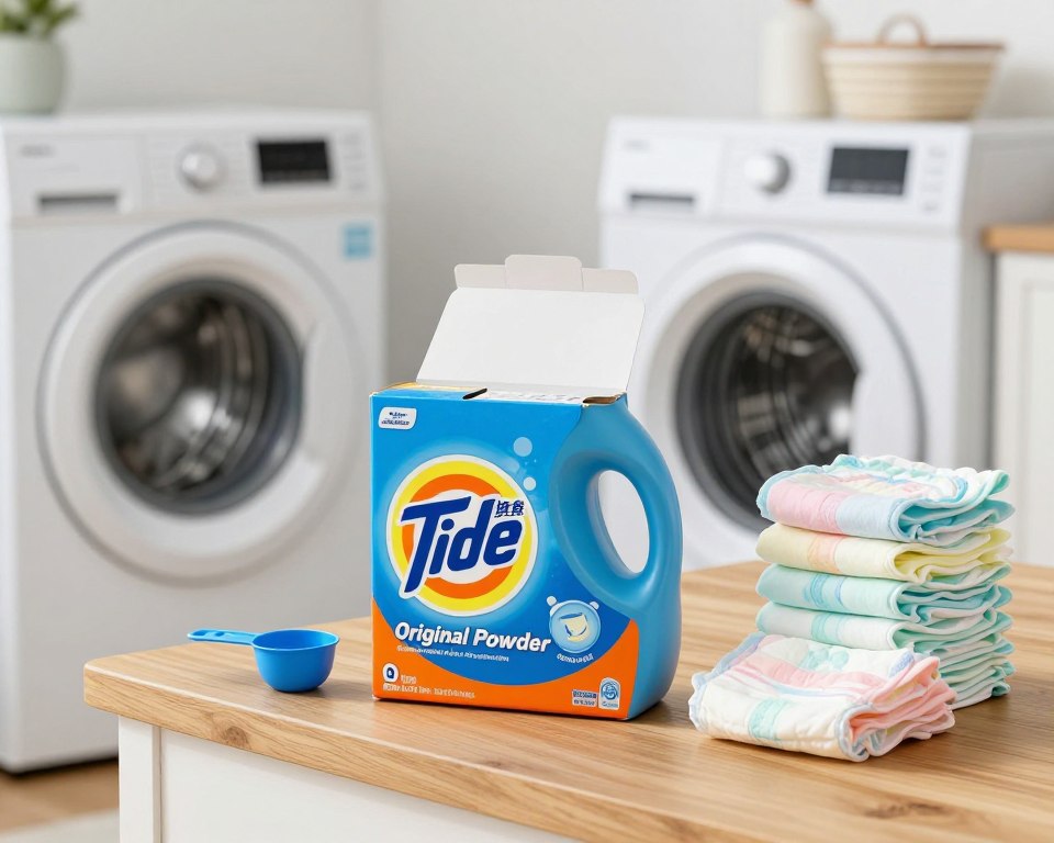 Tide Original Powder laundry detergent prominently displayed in an elegant, well-lit home laundry room. In the foreground, a box of Tide Original Powder stands open, with its bright blue and orange packaging clearly visible. In the middle, a clean wooden countertop is adorned with measuring scoops and a stack of freshly laundered cloth diapers in soft pastel colors. In the background, a washing machine gleams under soft, natural lighting, evoking a clean and inviting atmosphere. The overall mood is bright and fresh, emphasizing both cleanliness and safety. The image is captured at a slight angle to showcase the detergent box, with a focus on product detailing and surrounding organized space. No text overlays or watermarks present. Tide Original Powder laundry detergent prominently displayed in an elegant, well-lit home laundry room. In the foreground, a box of Tide Original Powder stands open, with its bright blue and orange packaging clearly visible. In the middle, a clean wooden countertop is adorned with measuring scoops and a stack of freshly laundered cloth diapers in soft pastel colors. In the background, a washing machine gleams under soft, natural lighting, evoking a clean and inviting atmosphere. The overall mood is bright and fresh, emphasizing both cleanliness and safety. The image is captured at a slight angle to showcase the detergent box, with a focus on product detailing and surrounding organized space. No text overlays or watermarks present.
