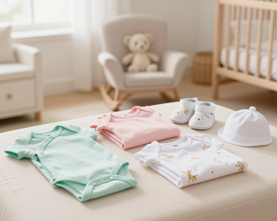 A beautifully arranged display of new baby clothes neatly folded on a soft, pastel-colored surface. In the foreground, baby onesies in shades of mint green, soft pink, and classic white feature adorable patterns like tiny animals and stars. Next to the onesies, a pair of little booties and a small hat complement the outfit. The middle ground showcases a cozy nursery setting with a gently rocking chair and a plush toy peeking in. The background is softly blurred, featuring light colors and subtle textures to create a soothing atmosphere. Warm, natural light filters in through a window, casting a gentle glow over the scene, evoking a sense of freshness and careful preparation. The overall mood is calm and welcoming, ideal for new parents thinking about their baby's first wardrobe.