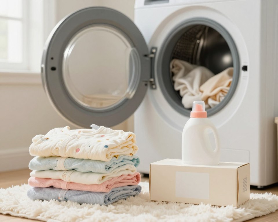A beautifully arranged scene depicting a laundry room dedicated to baby clothes. In the foreground, a stack of freshly laundered baby clothes, soft and fluffy, with pastel colors and gentle patterns. Beside the stack, a box of fabric softener and a box of dryer sheets, both elegantly displayed, showcasing their labels without text. In the middle ground, a washing machine and dryer with open doors, revealing more baby clothes inside. The background includes light streaming through a window, giving a warm and inviting atmosphere, with soft bokeh effects to emphasize the gentle mood. The lighting is soft and natural, accentuating the textures of the fabric while keeping the focus on the essential elements of baby laundry care. The overall composition conveys a sense of warmth, care, and safety. A beautifully arranged scene depicting a laundry room dedicated to baby clothes. In the foreground, a stack of freshly laundered baby clothes, soft and fluffy, with pastel colors and gentle patterns. Beside the stack, a box of fabric softener and a box of dryer sheets, both elegantly displayed, showcasing their labels without text. In the middle ground, a washing machine and dryer with open doors, revealing more baby clothes inside. The background includes light streaming through a window, giving a warm and inviting atmosphere, with soft bokeh effects to emphasize the gentle mood. The lighting is soft and natural, accentuating the textures of the fabric while keeping the focus on the essential elements of baby laundry care. The overall composition conveys a sense of warmth, care, and safety.