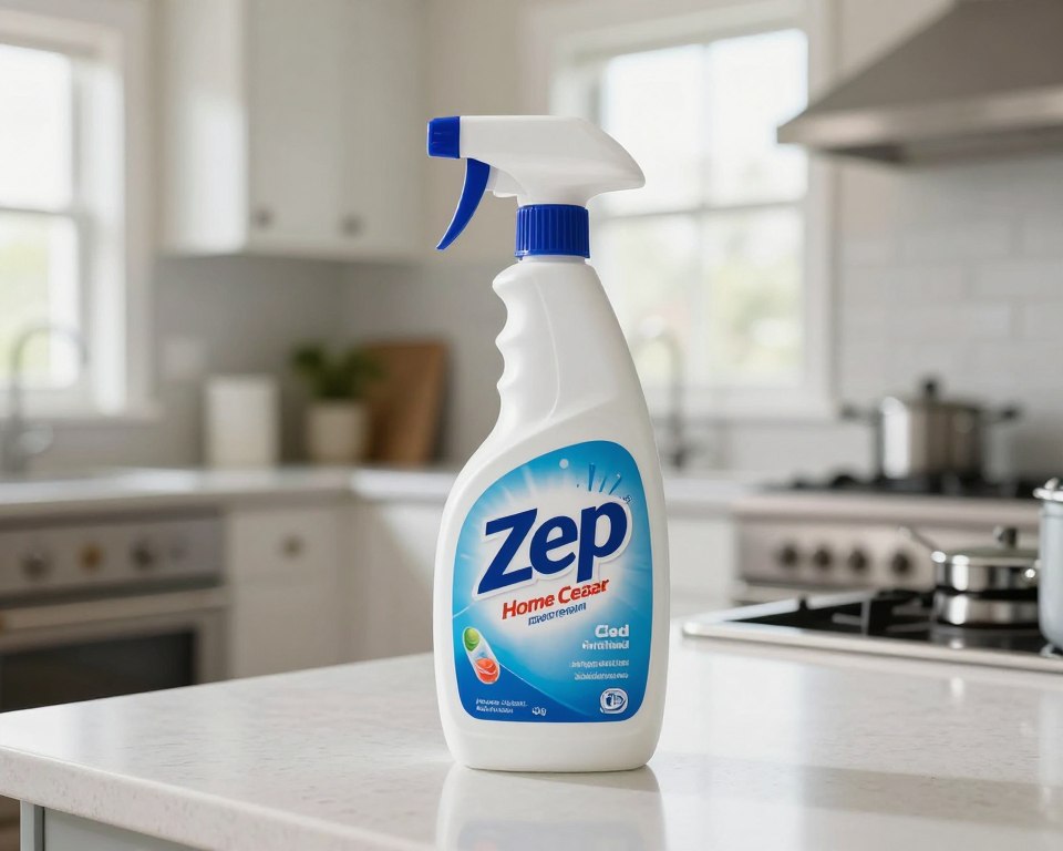 A bottle of Zep Cleaner prominently displayed in the foreground, with its sleek and modern design emphasizing clarity and purpose. The label is colorful and informative, showcasing the product's intended use for home cleaning. In the middle ground, a well-lit kitchen setting is depicted, highlighting a spotless countertop and shiny appliances that convey cleanliness and hygiene. In the background, a window allows natural light to flood the scene, softly illuminating the space and creating an inviting atmosphere. The overall mood is focused on safety and efficacy, with a sense of professional integrity. The angle is slightly tilted to emphasize the bottle's features and its context in a home setting, ensuring a clear view without any distracting elements or text overlays. A bottle of Zep Cleaner prominently displayed in the foreground, with its sleek and modern design emphasizing clarity and purpose. The label is colorful and informative, showcasing the product's intended use for home cleaning. In the middle ground, a well-lit kitchen setting is depicted, highlighting a spotless countertop and shiny appliances that convey cleanliness and hygiene. In the background, a window allows natural light to flood the scene, softly illuminating the space and creating an inviting atmosphere. The overall mood is focused on safety and efficacy, with a sense of professional integrity. The angle is slightly tilted to emphasize the bottle's features and its context in a home setting, ensuring a clear view without any distracting elements or text overlays.