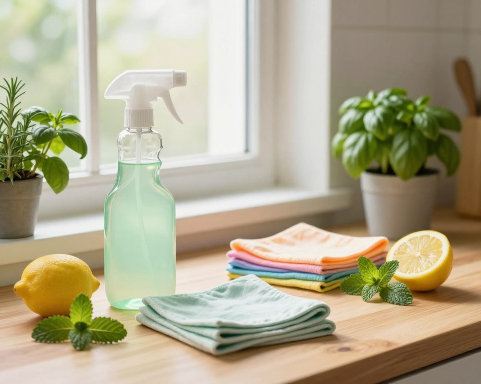 A bright, airy kitchen scene showcasing an array of natural cleaning products. In the foreground, a wooden table holds a glass spray bottle filled with a light green, citrus-scented cleaner, alongside fresh lemons and sprigs of mint. Next to them, a colorful assortment of reusable cotton cloths in pastel shades is neatly arranged. In the middle, a sunny window allows soft natural light to illuminate the space, creating a warm and inviting atmosphere. In the background, potted herbs like basil and rosemary add a touch of greenery, symbolizing eco-friendliness. The angle is slightly tilted to capture the whole setup, emphasizing cleanliness and safety in using natural alternatives to harsh chemical cleaners. The overall mood is refreshing and calming, inviting viewers to consider safer cleaning options.