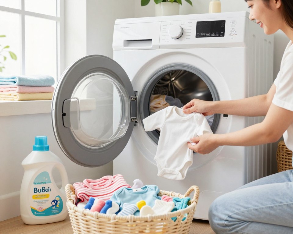 A bright, airy laundry room captures the scene of a parent gently cleaning baby clothes. In the foreground, a basket filled with colorful little garments, such as onesies and small pairs of socks, sits next to a bottle of regular laundry detergent with a cheerful label. In the middle ground, a washing machine is open, revealing a load of these baby clothes being loaded in. Soft, natural light streams through a nearby window, illuminating the room and creating a warm, inviting atmosphere. In the background, neatly folded towels and a plant add a homely touch. The image conveys a sense of care, cleanliness, and attentiveness, ideal for illustrating the concept of using regular detergent for baby laundry. A bright, airy laundry room captures the scene of a parent gently cleaning baby clothes. In the foreground, a basket filled with colorful little garments, such as onesies and small pairs of socks, sits next to a bottle of regular laundry detergent with a cheerful label. In the middle ground, a washing machine is open, revealing a load of these baby clothes being loaded in. Soft, natural light streams through a nearby window, illuminating the room and creating a warm, inviting atmosphere. In the background, neatly folded towels and a plant add a homely touch. The image conveys a sense of care, cleanliness, and attentiveness, ideal for illustrating the concept of using regular detergent for baby laundry.
