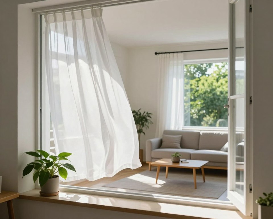 A bright, airy room that showcases effective natural ventilation strategies. In the foreground, open windows with sheer curtains fluttering gently, letting in sunlight. A houseplant sits on a windowsill, symbolizing freshness. In the middle, a calm and tidy living space with a minimalist design, featuring furniture arranged to enhance air flow—like a sofa angled towards the windows and a small dining table. In the background, light illuminates the room, highlighting the contrast between indoor tranquility and the vibrant greenery visible outside. The atmosphere is inviting and fresh, evoking a sense of cleanliness and rejuvenation. The lens captures this scene from an eye-level angle, emphasizing the connection between indoors and outdoors while maintaining a professional and serene mood. A bright, airy room that showcases effective natural ventilation strategies. In the foreground, open windows with sheer curtains fluttering gently, letting in sunlight. A houseplant sits on a windowsill, symbolizing freshness. In the middle, a calm and tidy living space with a minimalist design, featuring furniture arranged to enhance air flow—like a sofa angled towards the windows and a small dining table. In the background, light illuminates the room, highlighting the contrast between indoor tranquility and the vibrant greenery visible outside. The atmosphere is inviting and fresh, evoking a sense of cleanliness and rejuvenation. The lens captures this scene from an eye-level angle, emphasizing the connection between indoors and outdoors while maintaining a professional and serene mood.