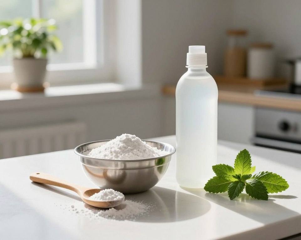 A bright and airy kitchen scene featuring natural cleaning tools: a stainless steel bowl filled with white baking soda and a bottle of clear, white vinegar sitting side by side on a clean countertop. In the foreground, a wooden spoon leans against the bowl, and a small pile of baking soda is gently sprinkled beside it. In the middle, sunlight streams in through a nearby window, illuminating the ingredients and casting soft shadows on the countertop. Fresh herbs, such as mint or basil, are artfully arranged, enhancing the natural cleaning theme. The background displays clean, minimalistic kitchen decor with potted plants on a shelf, creating a serene atmosphere. The overall mood is fresh, inviting, and conducive to natural cleaning solutions, emphasizing simplicity and effectiveness. A bright and airy kitchen scene featuring natural cleaning tools: a stainless steel bowl filled with white baking soda and a bottle of clear, white vinegar sitting side by side on a clean countertop. In the foreground, a wooden spoon leans against the bowl, and a small pile of baking soda is gently sprinkled beside it. In the middle, sunlight streams in through a nearby window, illuminating the ingredients and casting soft shadows on the countertop. Fresh herbs, such as mint or basil, are artfully arranged, enhancing the natural cleaning theme. The background displays clean, minimalistic kitchen decor with potted plants on a shelf, creating a serene atmosphere. The overall mood is fresh, inviting, and conducive to natural cleaning solutions, emphasizing simplicity and effectiveness.