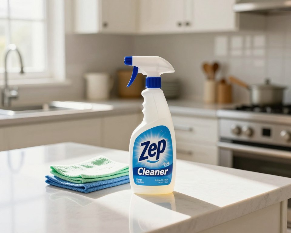 A bright and clean kitchen scene showcasing Zep Cleaner. In the foreground, a spray bottle of Zep Cleaner is prominently displayed on a countertop, with a few cleaning cloths neatly arranged beside it. The middle ground features a sparkling kitchen surface, reflecting the sunlight coming through a nearby window, enhancing the feeling of freshness. In the background, soft-focus cabinets and appliances create an inviting space. The lighting is warm and natural, casting gentle shadows that add depth. The atmosphere conveys a sense of safety and cleanliness, evoking feelings of reassurance and confidence in using the product indoors. The angle is slightly above eye level, capturing a comprehensive view of this tidy, well-organized kitchen. A bright and clean kitchen scene showcasing Zep Cleaner. In the foreground, a spray bottle of Zep Cleaner is prominently displayed on a countertop, with a few cleaning cloths neatly arranged beside it. The middle ground features a sparkling kitchen surface, reflecting the sunlight coming through a nearby window, enhancing the feeling of freshness. In the background, soft-focus cabinets and appliances create an inviting space. The lighting is warm and natural, casting gentle shadows that add depth. The atmosphere conveys a sense of safety and cleanliness, evoking feelings of reassurance and confidence in using the product indoors. The angle is slightly above eye level, capturing a comprehensive view of this tidy, well-organized kitchen.
