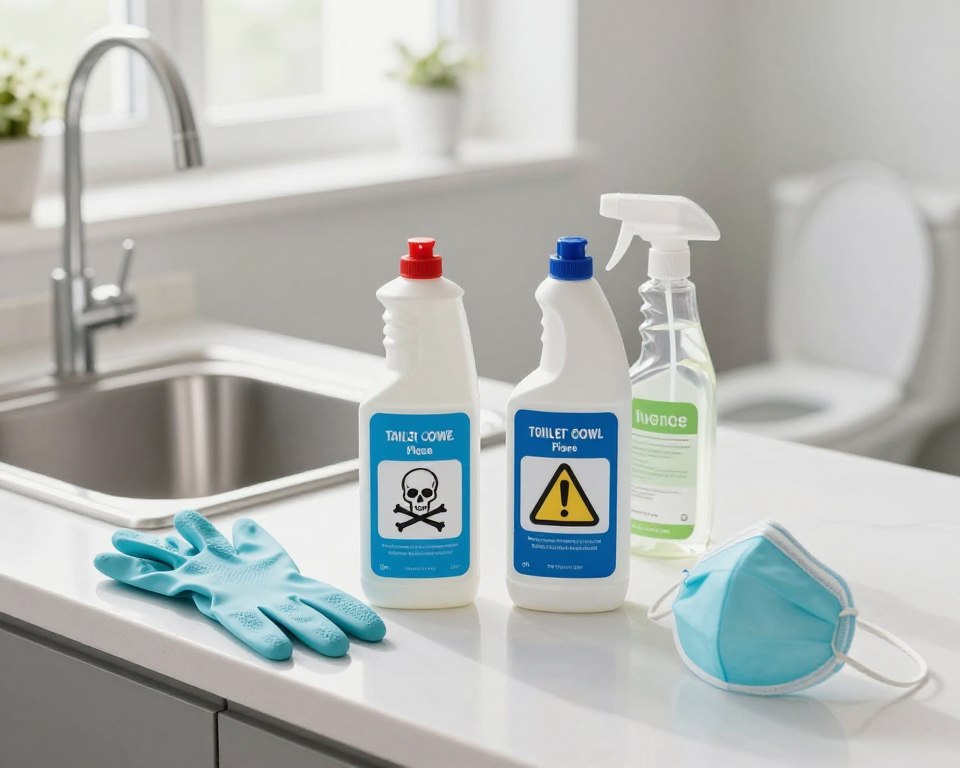 A bright and informative kitchen scene showcasing a clean and organized countertop. In the foreground, place a bottle of bleach and a bottle of toilet bowl cleaner, both clearly labeled with safety symbols, such as a skull and crossbones and an exclamation mark. Surround these bottles with visual safety cues, such as rubber gloves, a safety mask, and a spray bottle with a natural cleaner alternative like vinegar. In the middle ground, depict a well-lit sink and toilet, emphasizing cleanliness. The background should feature a bright, airy atmosphere with soft natural light coming from a window, creating a calm and safe environment. Aim for a mood of caution yet positivity, promoting safe cleaning alternatives without mixing harmful products. Use a slight overhead angle to capture the entire setup clearly, highlighting the safety precautions effectively. A bright and informative kitchen scene showcasing a clean and organized countertop. In the foreground, place a bottle of bleach and a bottle of toilet bowl cleaner, both clearly labeled with safety symbols, such as a skull and crossbones and an exclamation mark. Surround these bottles with visual safety cues, such as rubber gloves, a safety mask, and a spray bottle with a natural cleaner alternative like vinegar. In the middle ground, depict a well-lit sink and toilet, emphasizing cleanliness. The background should feature a bright, airy atmosphere with soft natural light coming from a window, creating a calm and safe environment. Aim for a mood of caution yet positivity, promoting safe cleaning alternatives without mixing harmful products. Use a slight overhead angle to capture the entire setup clearly, highlighting the safety precautions effectively.