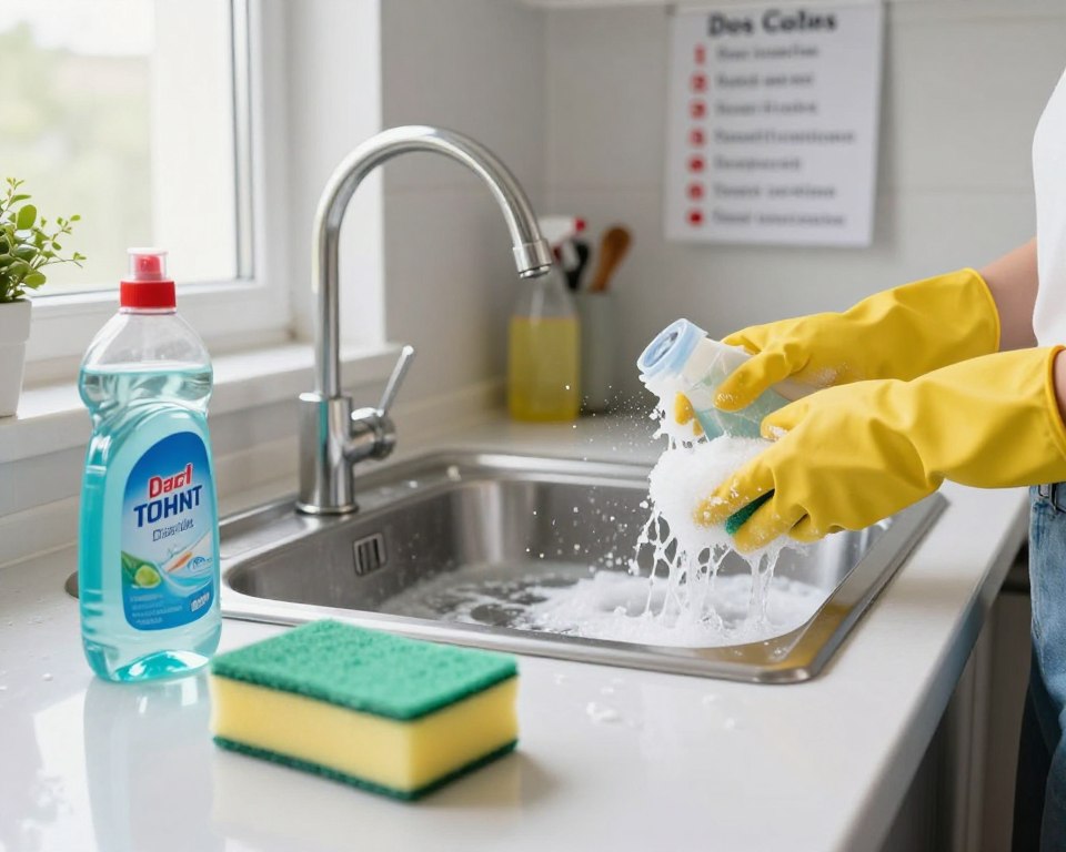 A bright and informative kitchen scene showcasing common household cleaning mistakes to avoid. In the foreground, a brightly colored sponge lays next to a half-open bottle of dish soap and a bottle of bleach, with a few splattered droplets on the counter. In the middle, there’s a large kitchen sink filled with sudsy water, while a pair of gloved hands is seen mismixing cleaning products. In the background, a well-organized kitchen is visible, with light streaming in through a window, highlighting a chart on the wall that lists cleaning dos and don’ts, emphasizing safety. The mood should be cautionary yet educational, with an emphasis on clarity and cleanliness. A bright and informative kitchen scene showcasing common household cleaning mistakes to avoid. In the foreground, a brightly colored sponge lays next to a half-open bottle of dish soap and a bottle of bleach, with a few splattered droplets on the counter. In the middle, there’s a large kitchen sink filled with sudsy water, while a pair of gloved hands is seen mismixing cleaning products. In the background, a well-organized kitchen is visible, with light streaming in through a window, highlighting a chart on the wall that lists cleaning dos and don’ts, emphasizing safety. The mood should be cautionary yet educational, with an emphasis on clarity and cleanliness.