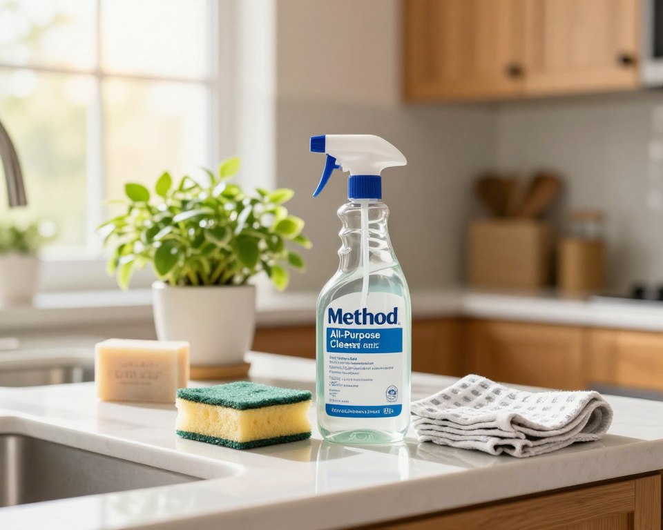 A bright and inviting kitchen countertop featuring an array of environmentally friendly cleaning supplies. In the foreground, a beautifully designed bottle of Method All-Purpose Cleaner with clear labeling showing third-party certification logos, positioned next to a bamboo sponge and a reusable microfiber cloth. The middle ground includes a vibrant houseplant, adding a touch of freshness, along with a bar of eco-friendly soap. The background features softly blurred kitchen elements like natural wood cabinets and an open window letting in warm, soft sunlight, creating a cheerful, clean atmosphere. The image should evoke a sense of trust and commitment to sustainability, captured with a bright, airy aesthetic using a soft focus lens to enhance the inviting ambiance. A bright and inviting kitchen countertop featuring an array of environmentally friendly cleaning supplies. In the foreground, a beautifully designed bottle of Method All-Purpose Cleaner with clear labeling showing third-party certification logos, positioned next to a bamboo sponge and a reusable microfiber cloth. The middle ground includes a vibrant houseplant, adding a touch of freshness, along with a bar of eco-friendly soap. The background features softly blurred kitchen elements like natural wood cabinets and an open window letting in warm, soft sunlight, creating a cheerful, clean atmosphere. The image should evoke a sense of trust and commitment to sustainability, captured with a bright, airy aesthetic using a soft focus lens to enhance the inviting ambiance.