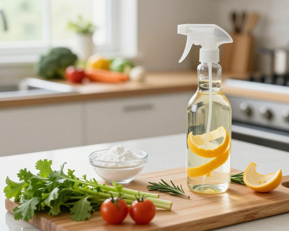 A bright and inviting kitchen scene, emphasizing food sanitization with natural alternatives. In the foreground, a wooden cutting board showcases fresh vegetables and herbs, with a bottle of vinegar and a spray bottle filled with a natural disinfectant made from citrus peels and vinegar. The middle ground features a clean countertop, with a small bowl of baking soda and a sprig of rosemary, symbolizing safe sanitization methods. In the background, soft natural light filters through a window, illuminating the fresh produce and creating a warm, inviting atmosphere. The scene is shot from a slightly elevated angle, using a shallow depth of field to focus on the natural cleaning products, while the kitchen appears clean and organized, promoting a sense of safety and health in food preparation.