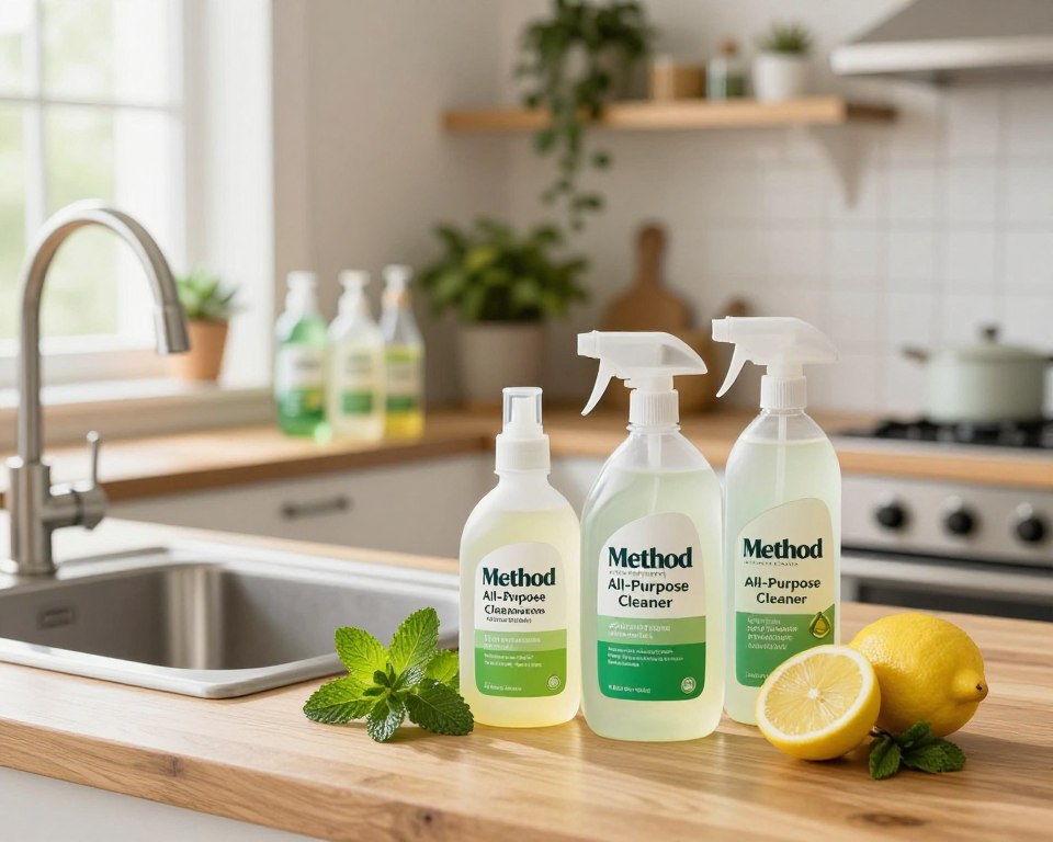 A bright and inviting kitchen scene showcasing a range of eco-friendly cleaning solutions. In the foreground, an array of Method All-Purpose Cleaner bottles in elegant, minimalist designs with green labels, resting on a wooden countertop. Next to them, fresh sprigs of mint and lemon slices symbolize natural ingredients. In the middle ground, a sparkling clean sink with a potted succulent add a touch of life. The background features soft-focus shelves stocked with more eco-friendly products and plants, creating an atmosphere of sustainability. Soft, natural lighting filters through a nearby window, creating a warm and welcoming mood. The camera angle is slightly above eye level, providing a comprehensive view of the scene, emphasizing cleanliness and environmental consciousness. A bright and inviting kitchen scene showcasing a range of eco-friendly cleaning solutions. In the foreground, an array of Method All-Purpose Cleaner bottles in elegant, minimalist designs with green labels, resting on a wooden countertop. Next to them, fresh sprigs of mint and lemon slices symbolize natural ingredients. In the middle ground, a sparkling clean sink with a potted succulent add a touch of life. The background features soft-focus shelves stocked with more eco-friendly products and plants, creating an atmosphere of sustainability. Soft, natural lighting filters through a nearby window, creating a warm and welcoming mood. The camera angle is slightly above eye level, providing a comprehensive view of the scene, emphasizing cleanliness and environmental consciousness.