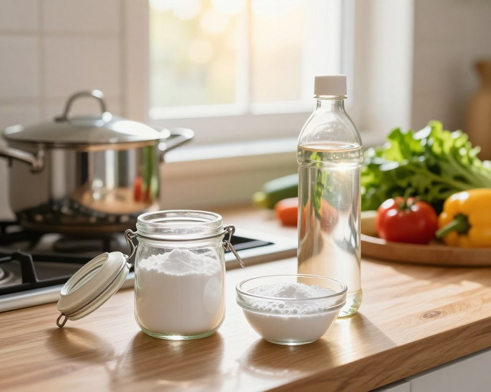 A bright and inviting kitchen scene showcasing the benefits of using baking soda and vinegar for cleaning. In the foreground, a wooden countertop displays an open glass jar of baking soda next to a clear bottle of vinegar with a subtle glow, suggesting their effectiveness. A small bowl with bubbly mixture sits nearby, illustrating the reaction between the two. In the middle, a well-organized array of cleaned kitchen items, including a shiny pot and fresh vegetables, reflects a clean lifestyle. In the background, sunlight streams through a window, casting warm light and adding a cheerful atmosphere. Use a soft focus lens effect to enhance the inviting mood, capturing the essence of natural home cleaning solutions. A bright and inviting kitchen scene showcasing the benefits of using baking soda and vinegar for cleaning. In the foreground, a wooden countertop displays an open glass jar of baking soda next to a clear bottle of vinegar with a subtle glow, suggesting their effectiveness. A small bowl with bubbly mixture sits nearby, illustrating the reaction between the two. In the middle, a well-organized array of cleaned kitchen items, including a shiny pot and fresh vegetables, reflects a clean lifestyle. In the background, sunlight streams through a window, casting warm light and adding a cheerful atmosphere. Use a soft focus lens effect to enhance the inviting mood, capturing the essence of natural home cleaning solutions.