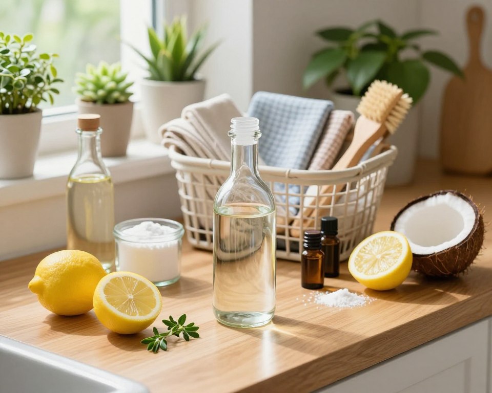 A bright and inviting kitchen setting bathed in natural light, showcasing a wooden countertop adorned with various natural cleaning alternatives such as vinegar, baking soda, essential oils, and coconut scrubbers. In the foreground, a clear glass bottle filled with a DIY cleaning solution is surrounded by fresh lemons and herbs, evoking a sense of freshness and hygiene. The middle space features a neatly arranged basket holding reusable cloths and eco-friendly brushes, promoting sustainability. The background depicts lush indoor plants enhancing the air quality and overall healthy atmosphere of the home. The mood is warm and harmonious, inviting the viewer to feel inspired by a safe, chemical-free cleaning environment. The camera angle is slightly elevated, capturing the essence of a cozy, well-organized kitchen without any people present. A bright and inviting kitchen setting bathed in natural light, showcasing a wooden countertop adorned with various natural cleaning alternatives such as vinegar, baking soda, essential oils, and coconut scrubbers. In the foreground, a clear glass bottle filled with a DIY cleaning solution is surrounded by fresh lemons and herbs, evoking a sense of freshness and hygiene. The middle space features a neatly arranged basket holding reusable cloths and eco-friendly brushes, promoting sustainability. The background depicts lush indoor plants enhancing the air quality and overall healthy atmosphere of the home. The mood is warm and harmonious, inviting the viewer to feel inspired by a safe, chemical-free cleaning environment. The camera angle is slightly elevated, capturing the essence of a cozy, well-organized kitchen without any people present.