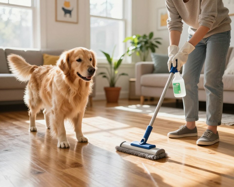 A bright and inviting living room setting showcasing pet-friendly cleaning practices. In the foreground, a gentle golden retriever curiously observes a person in modest casual attire, mopping the floor with a non-toxic cleaning solution. The person, wearing gloves and a cheerful expression, focuses on the task while ensuring the dog stays at a safe distance. In the middle ground, a clean, shiny hardwood floor gleams under warm, natural sunlight streaming through a nearby window, highlighting the cleanliness and care taken for pet safety. In the background, potted plants and cheerful pet-themed decor add a touch of comfort and homeliness, creating a soothing atmosphere ideal for pets and their owners. The overall mood is harmonious, focusing on the safety and well-being of pets during cleaning sessions. A bright and inviting living room setting showcasing pet-friendly cleaning practices. In the foreground, a gentle golden retriever curiously observes a person in modest casual attire, mopping the floor with a non-toxic cleaning solution. The person, wearing gloves and a cheerful expression, focuses on the task while ensuring the dog stays at a safe distance. In the middle ground, a clean, shiny hardwood floor gleams under warm, natural sunlight streaming through a nearby window, highlighting the cleanliness and care taken for pet safety. In the background, potted plants and cheerful pet-themed decor add a touch of comfort and homeliness, creating a soothing atmosphere ideal for pets and their owners. The overall mood is harmonious, focusing on the safety and well-being of pets during cleaning sessions.