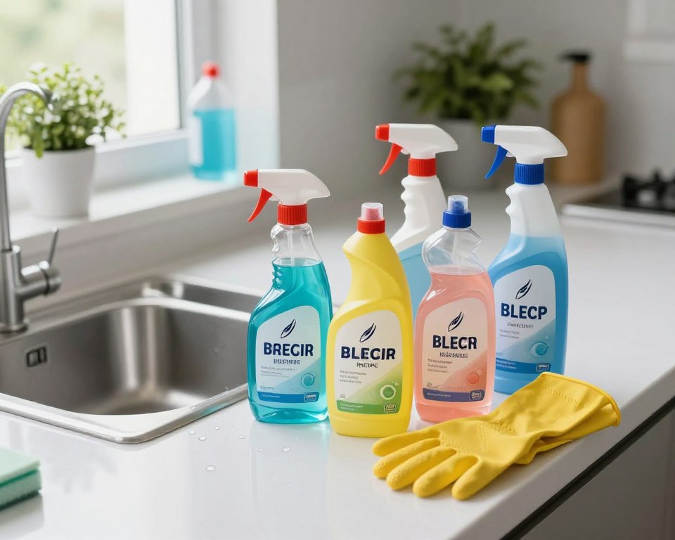 A bright and organized kitchen countertop showcasing a variety of household cleaning chemicals. In the foreground, display colorful bottles with clear labels, including disinfectants, bleach, and multi-surface cleaners, arranged neatly next to a pair of rubber gloves. The middle ground features a shiny, stainless-steel sink with a few droplets of water, symbolizing cleanliness. In the background, softly blurred shelves contain more cleaning supplies and a potted plant, emphasizing a fresh environment. The lighting is soft and natural, coming from a nearby window, creating a clean and inviting atmosphere. Capture the essence of safety and caution in household cleaning, with a focus on the science of chemical reactions. The image should feel informative yet approachable, suitable for an educational article. A bright and organized kitchen countertop showcasing a variety of household cleaning chemicals. In the foreground, display colorful bottles with clear labels, including disinfectants, bleach, and multi-surface cleaners, arranged neatly next to a pair of rubber gloves. The middle ground features a shiny, stainless-steel sink with a few droplets of water, symbolizing cleanliness. In the background, softly blurred shelves contain more cleaning supplies and a potted plant, emphasizing a fresh environment. The lighting is soft and natural, coming from a nearby window, creating a clean and inviting atmosphere. Capture the essence of safety and caution in household cleaning, with a focus on the science of chemical reactions. The image should feel informative yet approachable, suitable for an educational article.