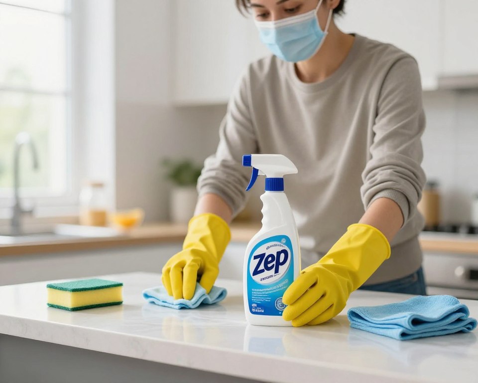 A bright and well-lit indoor space featuring a person in modest casual clothing, wearing rubber gloves and a safety mask while using Zep cleaner on a countertop. The foreground shows the cleaner's bottle with its label clearly visible, emphasizing its industrial design, surrounded by cleaning tools like sponges and cloths. In the middle ground, the person is actively cleaning, demonstrating the safe usage of the product, with a focused expression. The background displays a tidy kitchen environment with bright colors and natural light streaming through a window, creating an inviting and safe atmosphere for household cleaning. The overall mood is professional and informative, showcasing the importance of personal protective equipment during cleaning tasks. A bright and well-lit indoor space featuring a person in modest casual clothing, wearing rubber gloves and a safety mask while using Zep cleaner on a countertop. The foreground shows the cleaner's bottle with its label clearly visible, emphasizing its industrial design, surrounded by cleaning tools like sponges and cloths. In the middle ground, the person is actively cleaning, demonstrating the safe usage of the product, with a focused expression. The background displays a tidy kitchen environment with bright colors and natural light streaming through a window, creating an inviting and safe atmosphere for household cleaning. The overall mood is professional and informative, showcasing the importance of personal protective equipment during cleaning tasks.