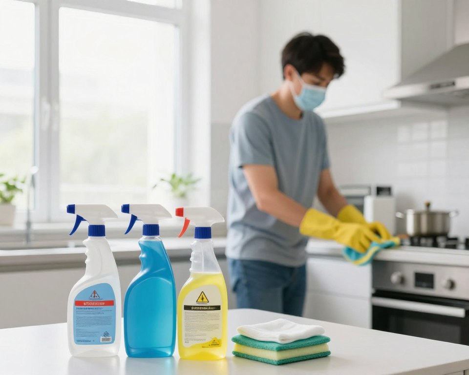 A bright and well-lit room featuring a professional-looking individual in modest casual clothing, carefully using chemical cleaning supplies. In the foreground, a variety of cleaning products such as sprays and wipes are neatly arranged on a table, emphasizing their labels and safety symbols. The middle ground showcases the individual in a focused stance, wearing gloves and a mask, demonstrating proper safety precautions while cleaning a kitchen countertop. The background reveals a clean and organized space, with open windows allowing fresh air to flow in, highlighting the importance of ventilation. The overall atmosphere conveys a sense of professionalism and safety, with soft, natural lighting enhancing the cleanliness and order of the environment. A bright and well-lit room featuring a professional-looking individual in modest casual clothing, carefully using chemical cleaning supplies. In the foreground, a variety of cleaning products such as sprays and wipes are neatly arranged on a table, emphasizing their labels and safety symbols. The middle ground showcases the individual in a focused stance, wearing gloves and a mask, demonstrating proper safety precautions while cleaning a kitchen countertop. The background reveals a clean and organized space, with open windows allowing fresh air to flow in, highlighting the importance of ventilation. The overall atmosphere conveys a sense of professionalism and safety, with soft, natural lighting enhancing the cleanliness and order of the environment.