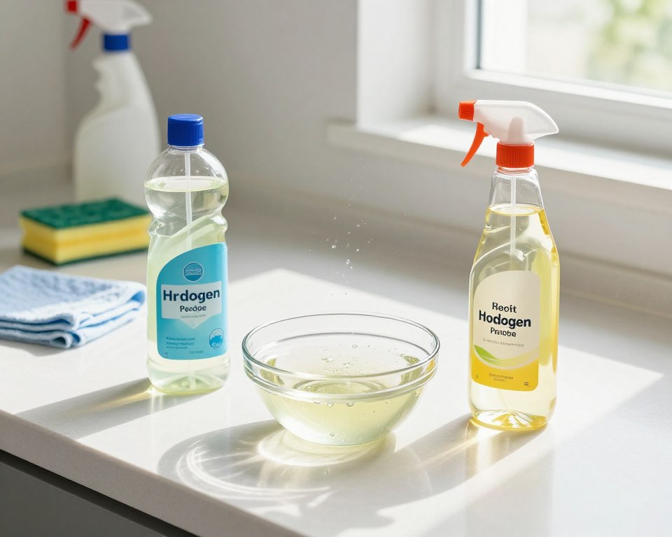 A bright, clean kitchen countertop is featured prominently in the foreground, showcasing two distinct bottles: one of hydrogen peroxide and the other of vinegar, both labeled clearly and positioned attractively. In the middle ground, droplets of both liquids are seen mixing in a glass bowl, creating a subtle fizzing reaction. The background includes neatly arranged cleaning supplies, such as a sponge and cloth, emphasizing a tidy and organized cleaning environment. The lighting is bright and natural, streaming in from a nearby window, casting soft shadows and creating a fresh and airy atmosphere. The overall mood is optimistic and hopeful, inviting viewers to explore safe and effective cleaning methods. The angle is slightly elevated, providing a clear view of the interaction between the substances while maintaining a cozy, homey feel to the setting. A bright, clean kitchen countertop is featured prominently in the foreground, showcasing two distinct bottles: one of hydrogen peroxide and the other of vinegar, both labeled clearly and positioned attractively. In the middle ground, droplets of both liquids are seen mixing in a glass bowl, creating a subtle fizzing reaction. The background includes neatly arranged cleaning supplies, such as a sponge and cloth, emphasizing a tidy and organized cleaning environment. The lighting is bright and natural, streaming in from a nearby window, casting soft shadows and creating a fresh and airy atmosphere. The overall mood is optimistic and hopeful, inviting viewers to explore safe and effective cleaning methods. The angle is slightly elevated, providing a clear view of the interaction between the substances while maintaining a cozy, homey feel to the setting.