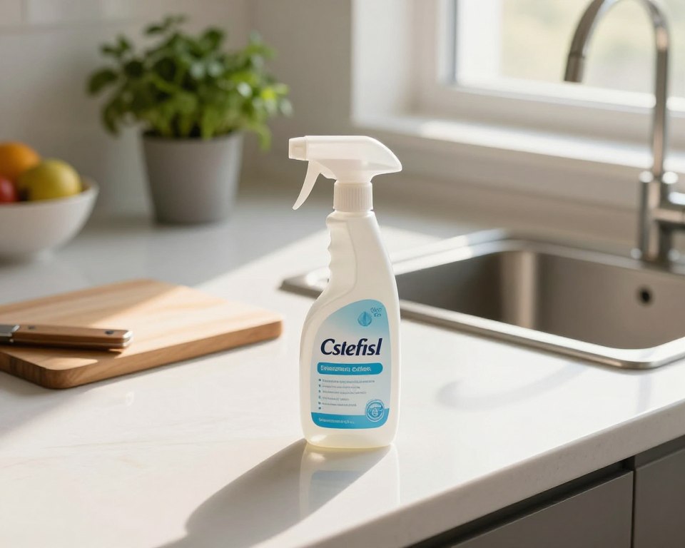 A bright, clean kitchen countertop with a modern disinfectant spray bottle prominently displayed in the foreground. The bottle is sleek and labeled clearly, showing its ingredients and usage instructions. Soft sunlight filters through a nearby window, creating a warm and inviting atmosphere. In the middle ground, a few disinfected surfaces are visible, such as a cutting board and kitchen utensils, gleaming under the light. The background features a tidy kitchen with potted herbs and a hint of a fruit bowl, emphasizing cleanliness. The camera angle is slightly elevated, giving a top-down view that highlights the disinfectant's role in maintaining a hygienic environment. The overall mood is fresh and reassuring, conveying the importance of understanding disinfectant chemistry. A bright, clean kitchen countertop with a modern disinfectant spray bottle prominently displayed in the foreground. The bottle is sleek and labeled clearly, showing its ingredients and usage instructions. Soft sunlight filters through a nearby window, creating a warm and inviting atmosphere. In the middle ground, a few disinfected surfaces are visible, such as a cutting board and kitchen utensils, gleaming under the light. The background features a tidy kitchen with potted herbs and a hint of a fruit bowl, emphasizing cleanliness. The camera angle is slightly elevated, giving a top-down view that highlights the disinfectant's role in maintaining a hygienic environment. The overall mood is fresh and reassuring, conveying the importance of understanding disinfectant chemistry.