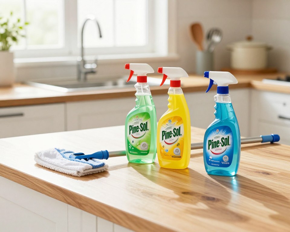A bright, clean kitchen scene featuring a wide wooden countertop with bottles of Bleach and Pine-Sol placed side by side, each clearly labeled, emphasizing their vibrant colors and designs. In the foreground, neatly arranged cleaning tools, such as a mop and a spray bottle filled with a safe alternative cleaning solution, reflect a commitment to deep cleaning while ensuring safety. The middle ground shows a sparkling sink with fresh kitchen utensils, symbolizing cleanliness and hygiene. The background features a sunlit window, allowing natural light to illuminate the space, creating a cheerful and inviting atmosphere. The angle of the shot is slightly elevated, capturing the whole scene with a warm, welcoming mood. Soft shadows enhance the details, emphasizing the cleanliness and safety of using these products. A bright, clean kitchen scene featuring a wide wooden countertop with bottles of Bleach and Pine-Sol placed side by side, each clearly labeled, emphasizing their vibrant colors and designs. In the foreground, neatly arranged cleaning tools, such as a mop and a spray bottle filled with a safe alternative cleaning solution, reflect a commitment to deep cleaning while ensuring safety. The middle ground shows a sparkling sink with fresh kitchen utensils, symbolizing cleanliness and hygiene. The background features a sunlit window, allowing natural light to illuminate the space, creating a cheerful and inviting atmosphere. The angle of the shot is slightly elevated, capturing the whole scene with a warm, welcoming mood. Soft shadows enhance the details, emphasizing the cleanliness and safety of using these products.