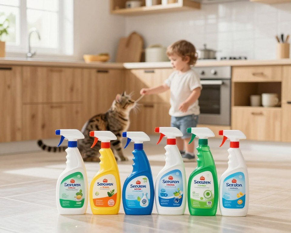 A bright, inviting kitchen scene showcasing a selection of safe cleaning products designed for households with children and pets. In the foreground, feature a colorful array of non-toxic cleaning supplies, like spray bottles with child-friendly labels and natural ingredients clearly visible. The middle ground should include a playful cat and a curious toddler, both interacting safely with the products, emphasizing a family-friendly atmosphere. The background features a clean, sunlit kitchen with wooden cabinets and a sparkling floor, creating a fresh and welcoming environment. Utilize soft, natural lighting to enhance the warmth of the scene, captured from a slightly elevated angle to provide a holistic view, conveying safety and cleanliness in a home designed for both children and pets. A bright, inviting kitchen scene showcasing a selection of safe cleaning products designed for households with children and pets. In the foreground, feature a colorful array of non-toxic cleaning supplies, like spray bottles with child-friendly labels and natural ingredients clearly visible. The middle ground should include a playful cat and a curious toddler, both interacting safely with the products, emphasizing a family-friendly atmosphere. The background features a clean, sunlit kitchen with wooden cabinets and a sparkling floor, creating a fresh and welcoming environment. Utilize soft, natural lighting to enhance the warmth of the scene, captured from a slightly elevated angle to provide a holistic view, conveying safety and cleanliness in a home designed for both children and pets.