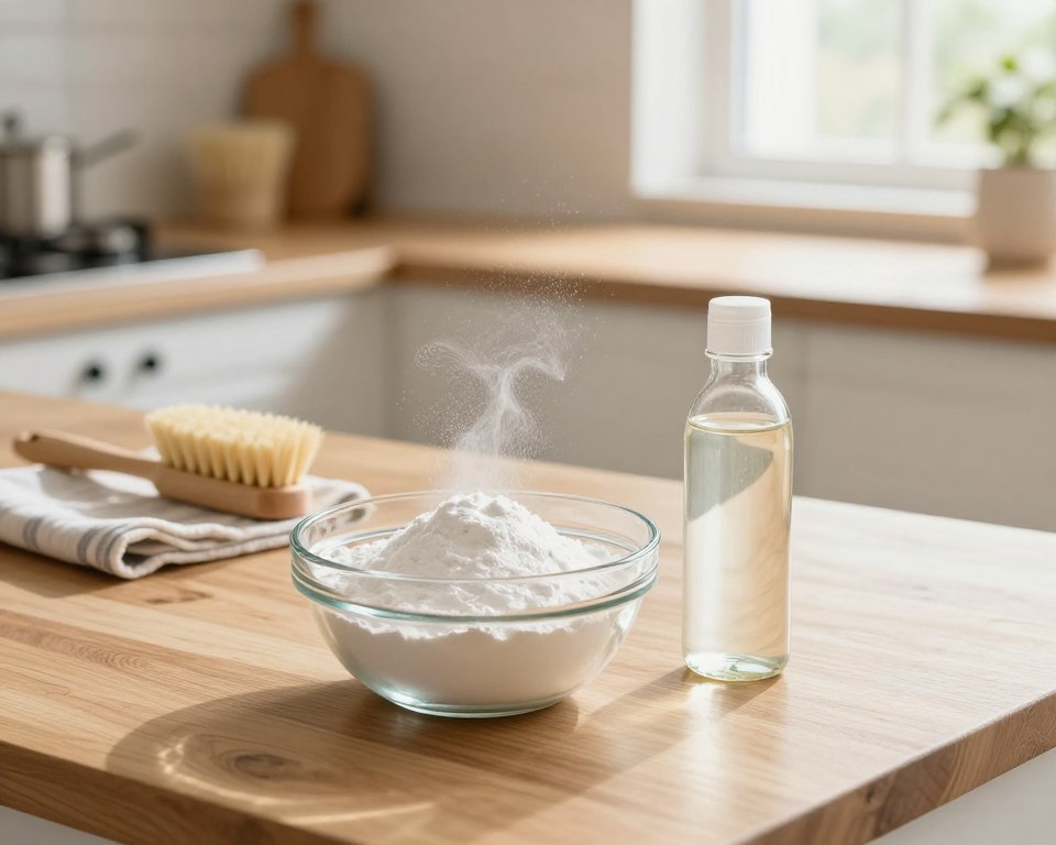 A bright, inviting kitchen scene showcasing safe household cleaning using baking soda and vinegar. In the foreground, a clear glass bowl filled with white baking soda sits next to a small bottle of vinegar, with a gentle fizzing reaction visible. In the middle ground, a beautiful wooden kitchen counter features a few natural cleaning tools like a cloth and a scrub brush, emphasizing eco-friendly cleaning methods. The background shows sunlight streaming through a window, illuminating the clean and tidy kitchen environment with a warm, inviting glow. The atmosphere is calm and reassuring, promoting the safety and effectiveness of these common household items for cleaning. A bright, inviting kitchen scene showcasing safe household cleaning using baking soda and vinegar. In the foreground, a clear glass bowl filled with white baking soda sits next to a small bottle of vinegar, with a gentle fizzing reaction visible. In the middle ground, a beautiful wooden kitchen counter features a few natural cleaning tools like a cloth and a scrub brush, emphasizing eco-friendly cleaning methods. The background shows sunlight streaming through a window, illuminating the clean and tidy kitchen environment with a warm, inviting glow. The atmosphere is calm and reassuring, promoting the safety and effectiveness of these common household items for cleaning.