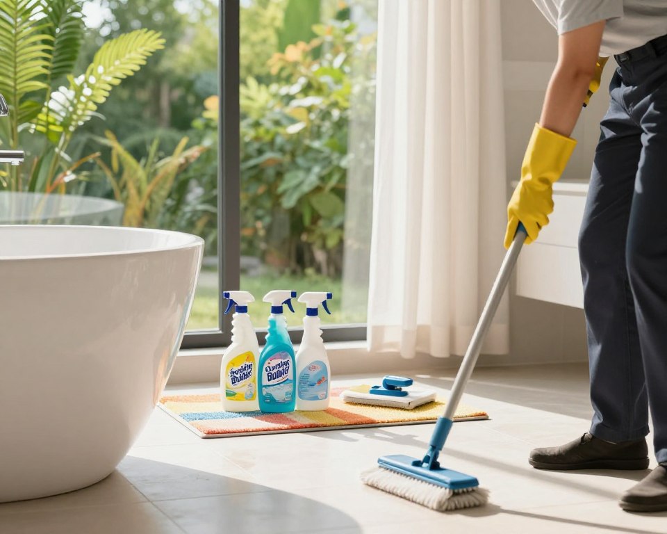 A bright, modern bathroom with a large window showcasing vibrant greenery outside, emphasizing the importance of fresh air for cleaning. In the foreground, a person, dressed in professional casual attire, is using a scrub brush on the bathtub while gloves are worn to signify safety. The middle ground includes cleaning supplies like a bottle of Scrubbing Bubbles, a spray bottle, and a mop, arranged neatly on a colorful bath mat. The background features light, airy curtains blowing gently, enhancing the sense of ventilation. Natural daylight filters through, creating a warm and inviting atmosphere, with soft shadows casting across the tiled floor, highlighting the freshness of the space. A bright, modern bathroom with a large window showcasing vibrant greenery outside, emphasizing the importance of fresh air for cleaning. In the foreground, a person, dressed in professional casual attire, is using a scrub brush on the bathtub while gloves are worn to signify safety. The middle ground includes cleaning supplies like a bottle of Scrubbing Bubbles, a spray bottle, and a mop, arranged neatly on a colorful bath mat. The background features light, airy curtains blowing gently, enhancing the sense of ventilation. Natural daylight filters through, creating a warm and inviting atmosphere, with soft shadows casting across the tiled floor, highlighting the freshness of the space.