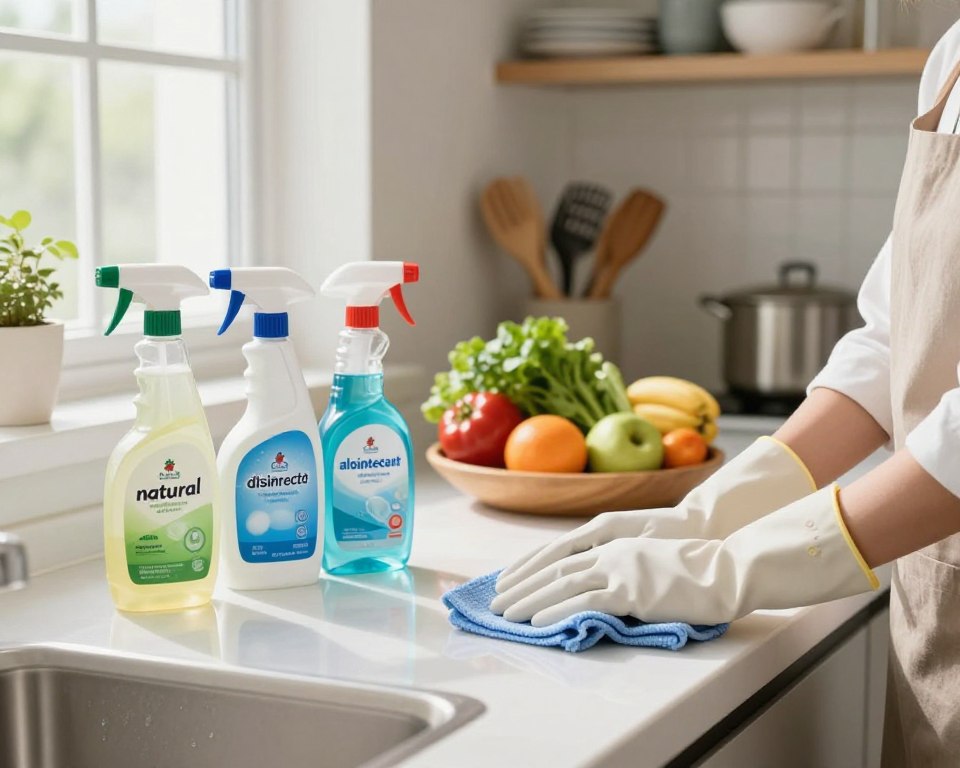 A bright, modern kitchen with natural light streaming through the windows. In the foreground, a clean countertop is neatly arranged with various food-safe cleaning agents, including spray bottles labeled "natural," "disinfectant," and "all-purpose." A pair of gloved hands, dressed in professional business attire, carefully wipes down the surface with a microfiber cloth, showing attention to cleanliness and hygiene. In the middle ground, a bowl of fresh vegetables and fruits showcases a healthy food preparation area. In the background, shelves are stocked with neatly organized utensils and dishware. The mood is fresh, inviting, and focused on health and safety, emphasizing the importance of using food-safe cleaning products in kitchens. Soft, warm lighting enhances the cleanliness and vibrancy of the space, creating a welcoming atmosphere.