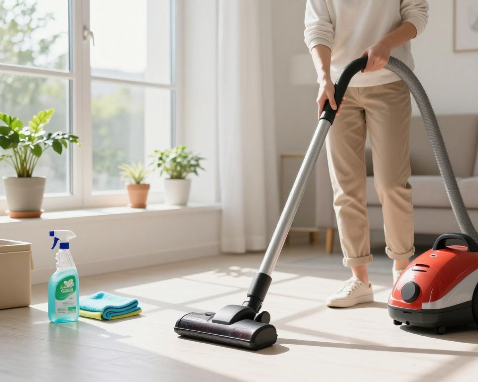 A bright, well-lit indoor space showcasing a person cleaning while ensuring proper ventilation. In the foreground, a professional in modest casual clothing is using a vacuum cleaner, with visible cleaning supplies like microfiber cloths and eco-friendly cleaners nearby. The middle ground features an open window, allowing fresh air to flow in, with gentle sunlight streaming into the room. Plants are placed on the windowsill, adding a touch of nature. In the background, a clean, organized living area emphasizes the importance of cleanliness and air circulation, while soft shadows create a welcoming atmosphere. The overall mood should be fresh and invigorating, highlighting the strategic approach to cleaning and minimizing fumes.