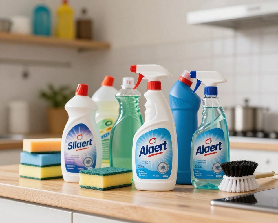 A bright, well-lit kitchen counter filled with an array of common household cleaning products. In the foreground, there are prominently displayed bottles of bleach, dish soap, and all-purpose cleaner, arranged artistically with their caps off, allowing for a glimpse of their contents. The middle ground shows a colorful sponge and a scrubbing brush, adding a touch of practicality. In the background, soft-focus elements like a neatly organized shelf with other cleaning supplies hint at a clean, tidy kitchen atmosphere. The lighting is natural and warm, emphasizing a sense of cleanliness and order. The overall mood conveys a sense of safety, with a professional, informative vibe perfect for learning about household products. A bright, well-lit kitchen counter filled with an array of common household cleaning products. In the foreground, there are prominently displayed bottles of bleach, dish soap, and all-purpose cleaner, arranged artistically with their caps off, allowing for a glimpse of their contents. The middle ground shows a colorful sponge and a scrubbing brush, adding a touch of practicality. In the background, soft-focus elements like a neatly organized shelf with other cleaning supplies hint at a clean, tidy kitchen atmosphere. The lighting is natural and warm, emphasizing a sense of cleanliness and order. The overall mood conveys a sense of safety, with a professional, informative vibe perfect for learning about household products.
