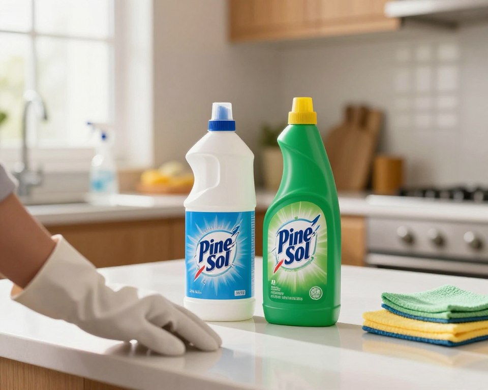 A bright, well-lit kitchen countertop scene featuring two clearly labeled bottles: one of bleach and one of Pine-Sol, placed side by side. The bleach bottle is white with a blue cap, while the Pine-Sol bottle is a vibrant green with a yellow cap. In the foreground, a gloved hand reaches towards the bottles, suggesting caution. The middle ground highlights the bottles on a clean, sleek countertop with a small spray bottle and cleaning cloth nearby, symbolizing cleaning tasks. The background showcases a softly blurred kitchen with warm, inviting colors to create a friendly atmosphere. The lighting is natural, with sunlight filtering through a window, adding a sense of clarity and security. The image should evoke a mood of thoughtful consideration about mixing cleaning products. A bright, well-lit kitchen countertop scene featuring two clearly labeled bottles: one of bleach and one of Pine-Sol, placed side by side. The bleach bottle is white with a blue cap, while the Pine-Sol bottle is a vibrant green with a yellow cap. In the foreground, a gloved hand reaches towards the bottles, suggesting caution. The middle ground highlights the bottles on a clean, sleek countertop with a small spray bottle and cleaning cloth nearby, symbolizing cleaning tasks. The background showcases a softly blurred kitchen with warm, inviting colors to create a friendly atmosphere. The lighting is natural, with sunlight filtering through a window, adding a sense of clarity and security. The image should evoke a mood of thoughtful consideration about mixing cleaning products.