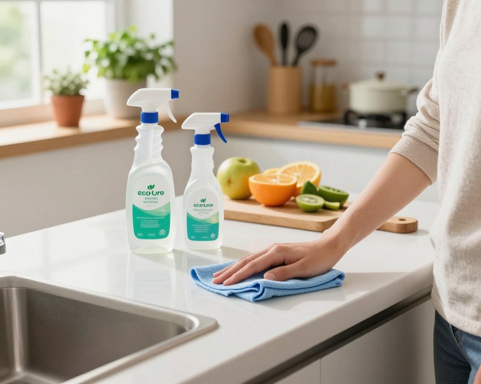 A bright, well-lit kitchen scene featuring a pristine countertop being cleaned with eco-friendly sanitizing solutions. In the foreground, a professional wearing modest casual attire is wiping the countertop with a microfiber cloth, their focus on achieving a thorough clean. Gleaming bottle of a non-toxic cleaner and a small spray bottle sit nearby, showcasing the importance of safe cleaning practices. The middle ground highlights fresh fruits and a cutting board, adding a touch of warmth to the kitchen environment. In the background, shelves adorned with potted herbs and kitchen utensils enhance the homey feel. Soft, natural light streams in from a window, creating a clean and inviting atmosphere that emphasizes cleanliness and safety in kitchen maintenance. The composition is shot at a slightly elevated angle to capture the action effectively. A bright, well-lit kitchen scene featuring a pristine countertop being cleaned with eco-friendly sanitizing solutions. In the foreground, a professional wearing modest casual attire is wiping the countertop with a microfiber cloth, their focus on achieving a thorough clean. Gleaming bottle of a non-toxic cleaner and a small spray bottle sit nearby, showcasing the importance of safe cleaning practices. The middle ground highlights fresh fruits and a cutting board, adding a touch of warmth to the kitchen environment. In the background, shelves adorned with potted herbs and kitchen utensils enhance the homey feel. Soft, natural light streams in from a window, creating a clean and inviting atmosphere that emphasizes cleanliness and safety in kitchen maintenance. The composition is shot at a slightly elevated angle to capture the action effectively.