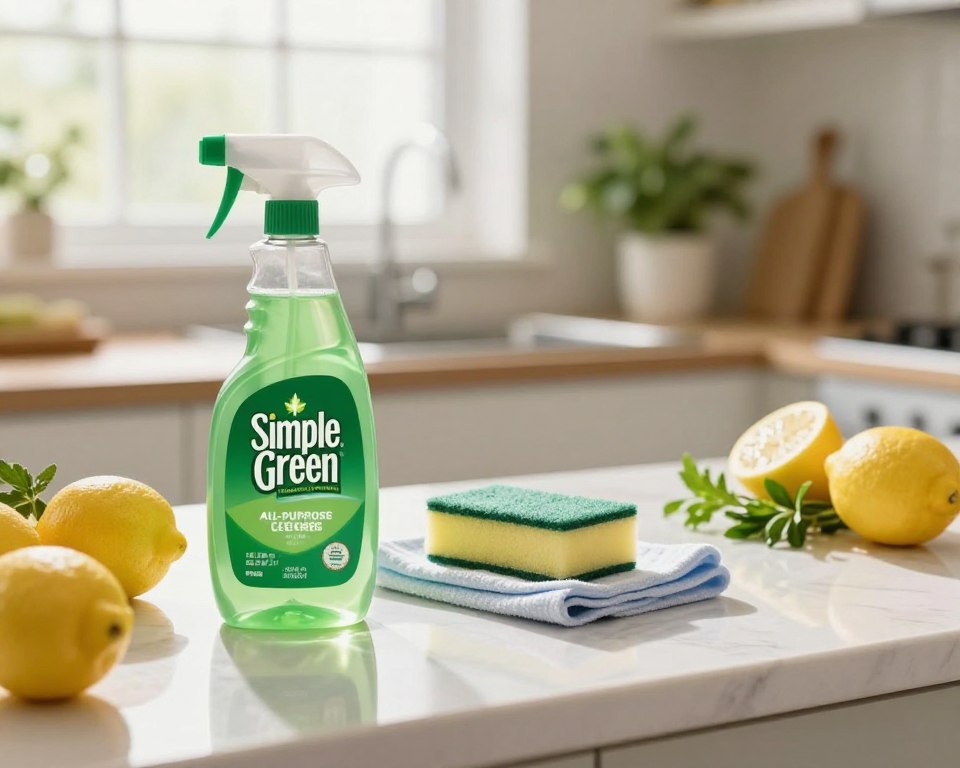 A bright, well-lit kitchen scene focused on a bottle of Simple Green All-Purpose Cleaner, prominently displayed in the foreground. The bottle, with its vibrant green label, is next to a gleaming countertop, surrounded by fresh produce like lemons and herbs, symbolizing a non-toxic environment. In the middle, a sponge and cloth are artistically arranged, suggesting cleaning actions. The background features soft-focus kitchen elements such as a sink with plants nearby and a window letting in natural light, creating an inviting atmosphere. The angle is slightly tilted, giving a dynamic perspective, with overall warm, inviting lighting to evoke feelings of cleanliness and safety. The mood is fresh and uplifting, emphasizing the cleaner's eco-friendly image without any text or branding distractions. A bright, well-lit kitchen scene focused on a bottle of Simple Green All-Purpose Cleaner, prominently displayed in the foreground. The bottle, with its vibrant green label, is next to a gleaming countertop, surrounded by fresh produce like lemons and herbs, symbolizing a non-toxic environment. In the middle, a sponge and cloth are artistically arranged, suggesting cleaning actions. The background features soft-focus kitchen elements such as a sink with plants nearby and a window letting in natural light, creating an inviting atmosphere. The angle is slightly tilted, giving a dynamic perspective, with overall warm, inviting lighting to evoke feelings of cleanliness and safety. The mood is fresh and uplifting, emphasizing the cleaner's eco-friendly image without any text or branding distractions.