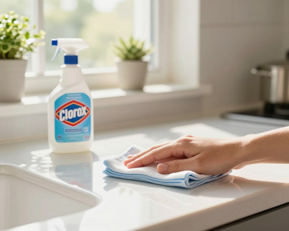 A bright, well-lit kitchen scene showcasing a hand holding a Clorox disinfecting wipe, emphasizing the act of cleaning a countertop. In the foreground, the hand is applying a wipe to a gleaming surface, demonstrating its effectiveness. The middle area includes a bottle of Clorox wipes with its label clearly visible, while in the background, a sunny window reveals indoor plants that symbolize freshness and air quality. The lighting is warm and inviting, reflecting a clean, airy atmosphere, with soft shadows adding depth. The image captures a sense of cleanliness and hygiene, suitable for everyday home use, with no clutter or distractions in the space. A bright, well-lit kitchen scene showcasing a hand holding a Clorox disinfecting wipe, emphasizing the act of cleaning a countertop. In the foreground, the hand is applying a wipe to a gleaming surface, demonstrating its effectiveness. The middle area includes a bottle of Clorox wipes with its label clearly visible, while in the background, a sunny window reveals indoor plants that symbolize freshness and air quality. The lighting is warm and inviting, reflecting a clean, airy atmosphere, with soft shadows adding depth. The image captures a sense of cleanliness and hygiene, suitable for everyday home use, with no clutter or distractions in the space.