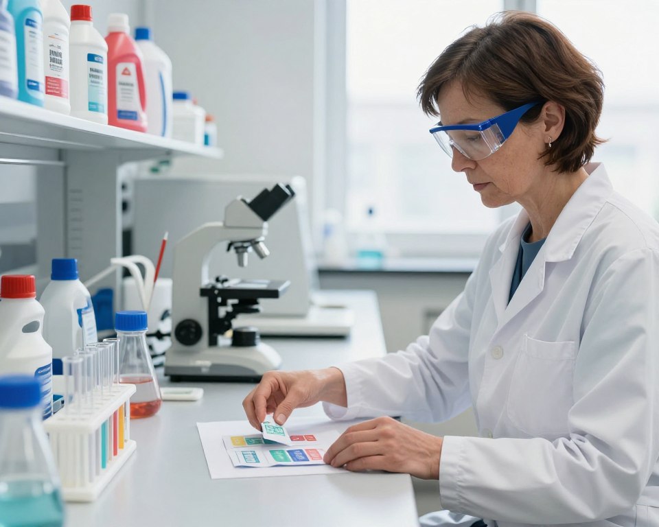 A bright, well-lit laboratory setting showcasing a meticulous testing process for laundry products. In the foreground, a researcher in a white lab coat and safety goggles carefully places various laundry detergent samples on a clean, organized tabletop. The researcher, a middle-aged woman with short brown hair, demonstrates focus and professionalism. In the middle ground, an array of testing equipment, including test tubes and measuring instruments, is neatly arranged, conveying a sense of scientific rigor. The background features shelves filled with colorful detergent bottles and sterile containers, adding depth. Soft natural light filters through a window, creating a calm and informative atmosphere, while the color palette remains neutral with pops of color from the detergent packaging. The overall mood reflects curiosity and careful analysis, emphasizing the importance of testing for irritants.