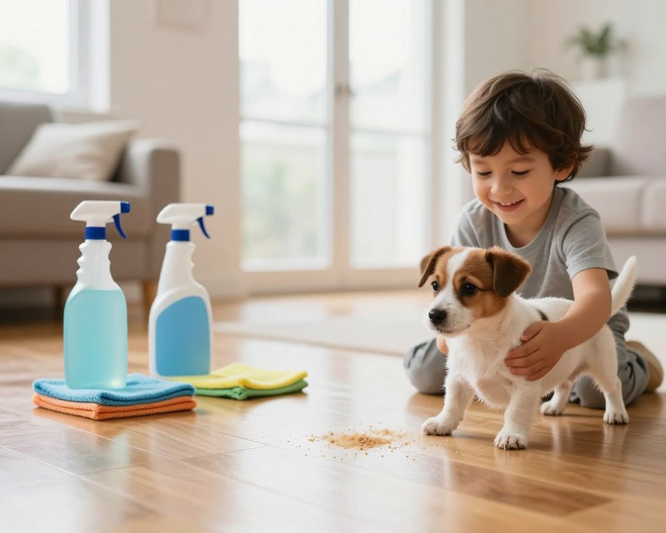 A bright, well-lit living room with polished wooden floors to showcase the topic of cleaning product residues. In the foreground, a child and a small dog play together, both looking happy and carefree, emphasizing the importance of safety for children and pets. In the middle ground, there are cleaning supplies like spray bottles and microfiber cloths neatly arranged, suggesting cleaning has just occurred. The background features large windows letting in soft, natural light, creating a warm and inviting atmosphere. The image should convey a sense of cleanliness and safety, with focus on the interaction between the child and the pet, symbolizing the concerns about cleaning product residues. Use a shallow depth of field to create an intimate feel while highlighting the joyous moment. A bright, well-lit living room with polished wooden floors to showcase the topic of cleaning product residues. In the foreground, a child and a small dog play together, both looking happy and carefree, emphasizing the importance of safety for children and pets. In the middle ground, there are cleaning supplies like spray bottles and microfiber cloths neatly arranged, suggesting cleaning has just occurred. The background features large windows letting in soft, natural light, creating a warm and inviting atmosphere. The image should convey a sense of cleanliness and safety, with focus on the interaction between the child and the pet, symbolizing the concerns about cleaning product residues. Use a shallow depth of field to create an intimate feel while highlighting the joyous moment.