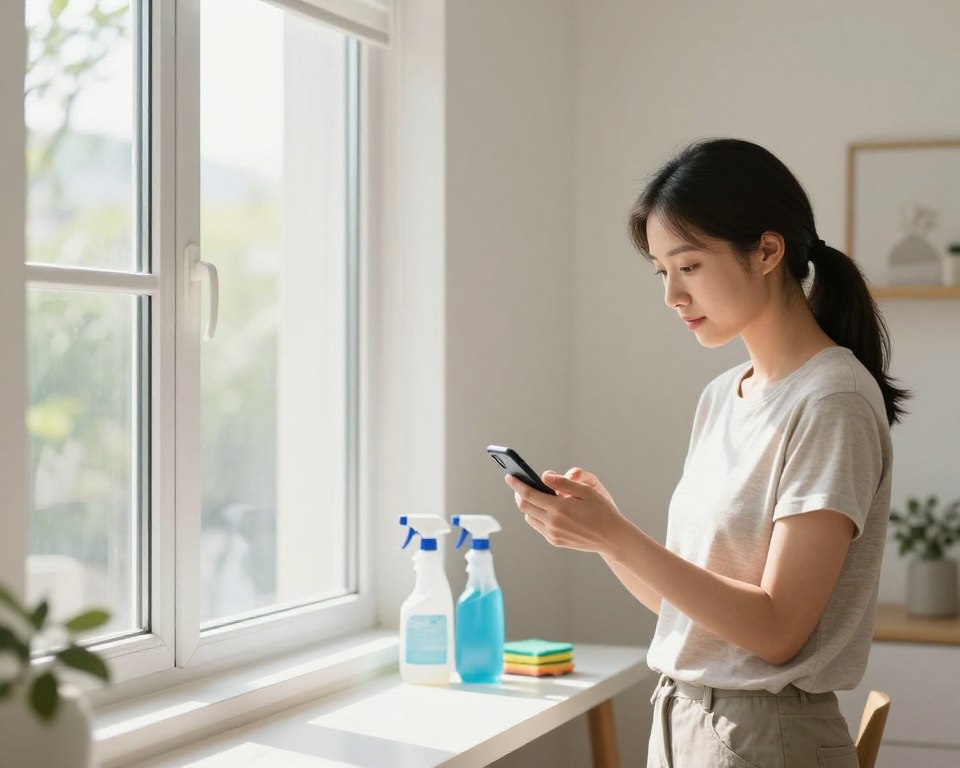 A bright, well-lit room after cleaning, showcasing an open window with fresh air flowing in, symbolizing ventilation. In the foreground, a professional-looking woman in modest casual clothing stands near the window, checking a timer on her phone, representing the careful timing of ventilation. The middle ground features a clean, tidy space with a few cleaning supplies neatly arranged on a table, showcasing a sense of responsibility. In the background, sunlight streams through the window, casting gentle shadows, enhancing the atmosphere of freshness and safety. The overall mood is calm and refreshing, emphasizing the importance of chemical safety protocols in a home environment. Use natural colors and soft lighting to create a welcoming ambiance. A bright, well-lit room after cleaning, showcasing an open window with fresh air flowing in, symbolizing ventilation. In the foreground, a professional-looking woman in modest casual clothing stands near the window, checking a timer on her phone, representing the careful timing of ventilation. The middle ground features a clean, tidy space with a few cleaning supplies neatly arranged on a table, showcasing a sense of responsibility. In the background, sunlight streams through the window, casting gentle shadows, enhancing the atmosphere of freshness and safety. The overall mood is calm and refreshing, emphasizing the importance of chemical safety protocols in a home environment. Use natural colors and soft lighting to create a welcoming ambiance.